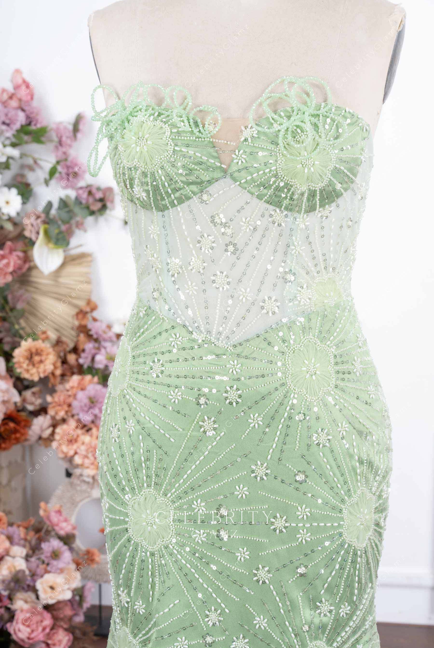 sparkly mint green sweetheart prom dress