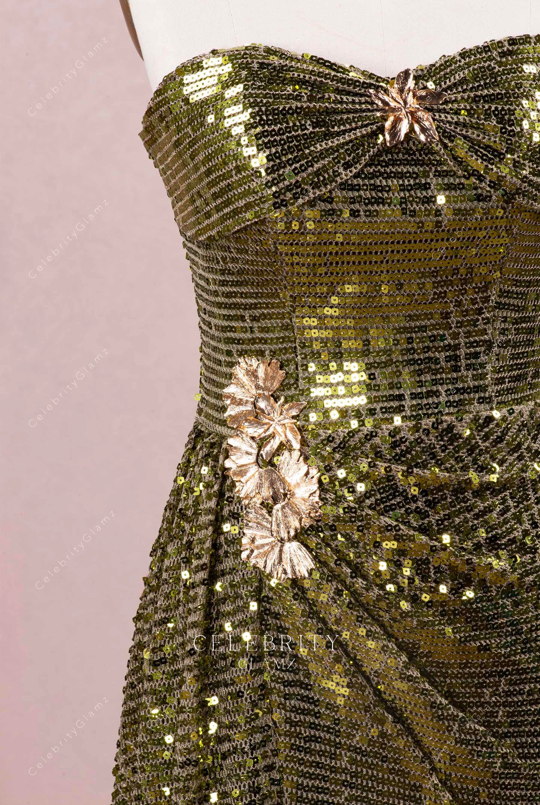 sparkly olive sweetheart neck prom dress