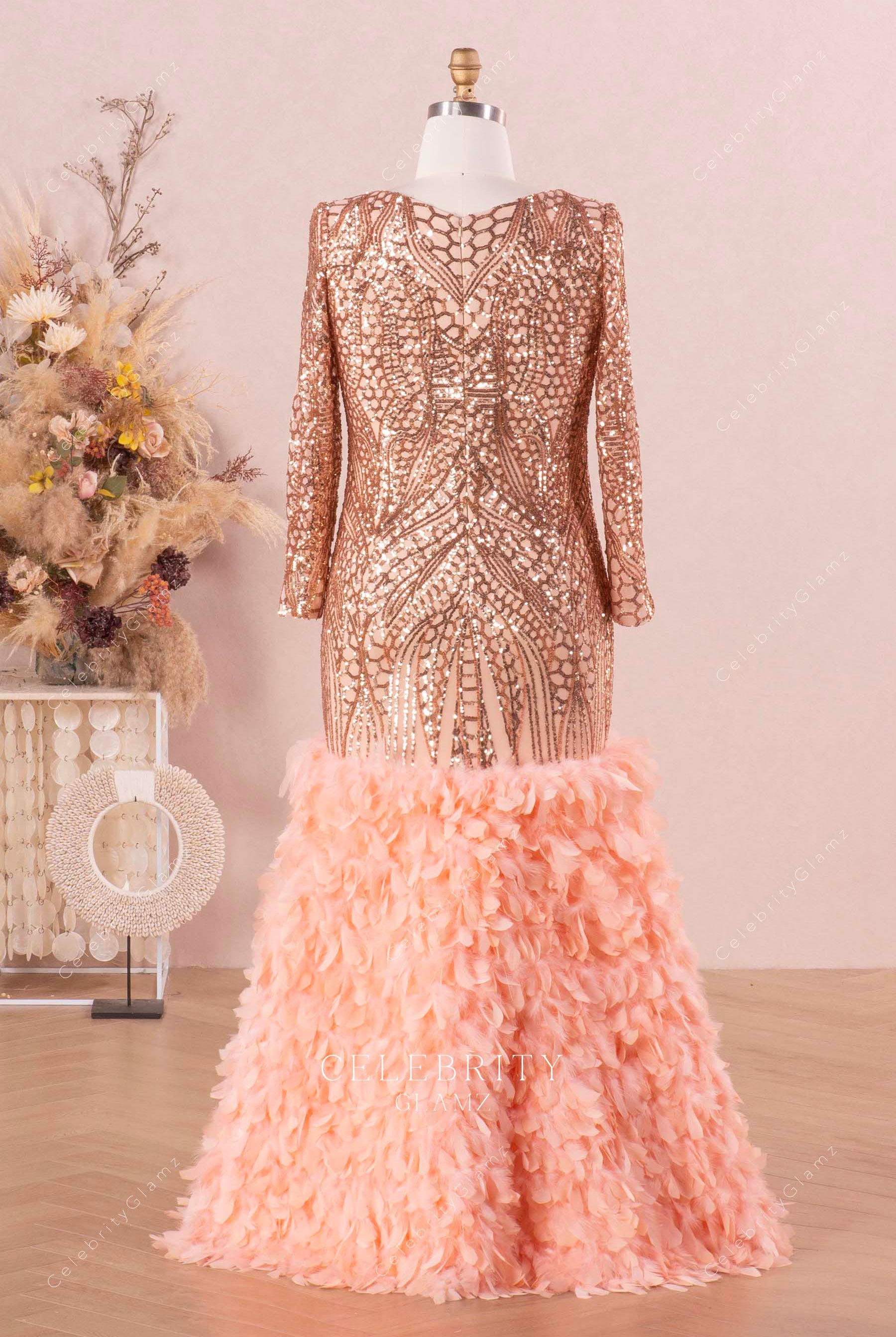 sparkly pattern feather prom dress