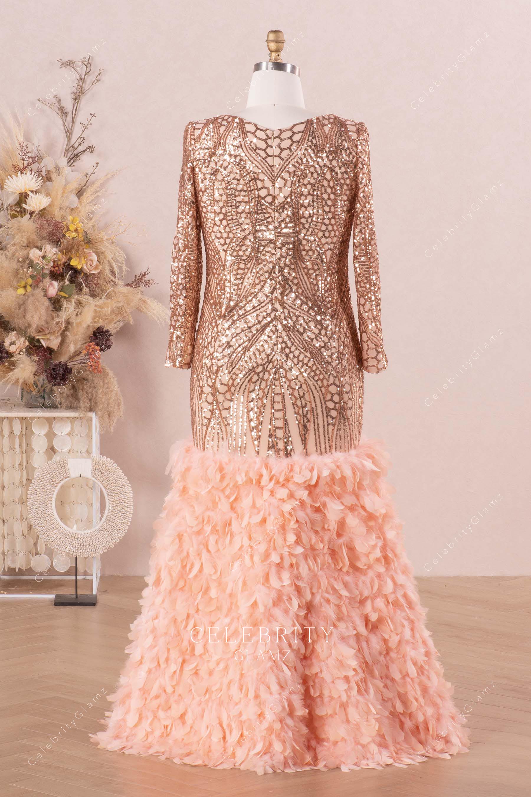 sparkly pattern feather prom dress