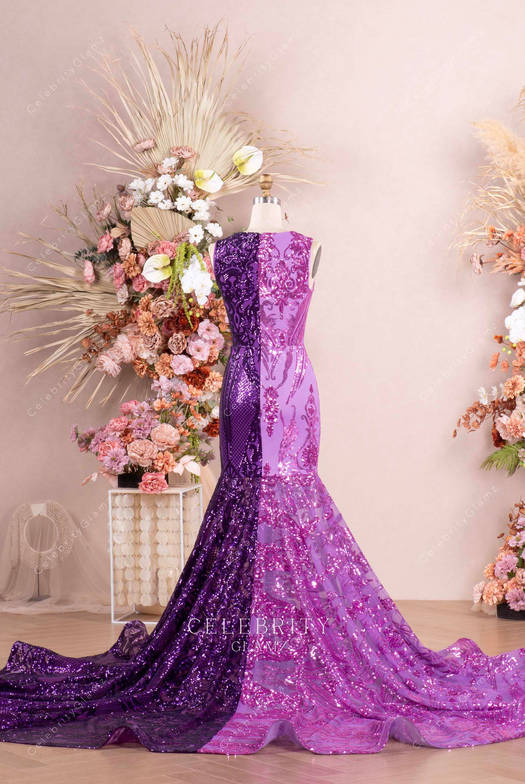 sparkly purple sequin mermaid prom dress