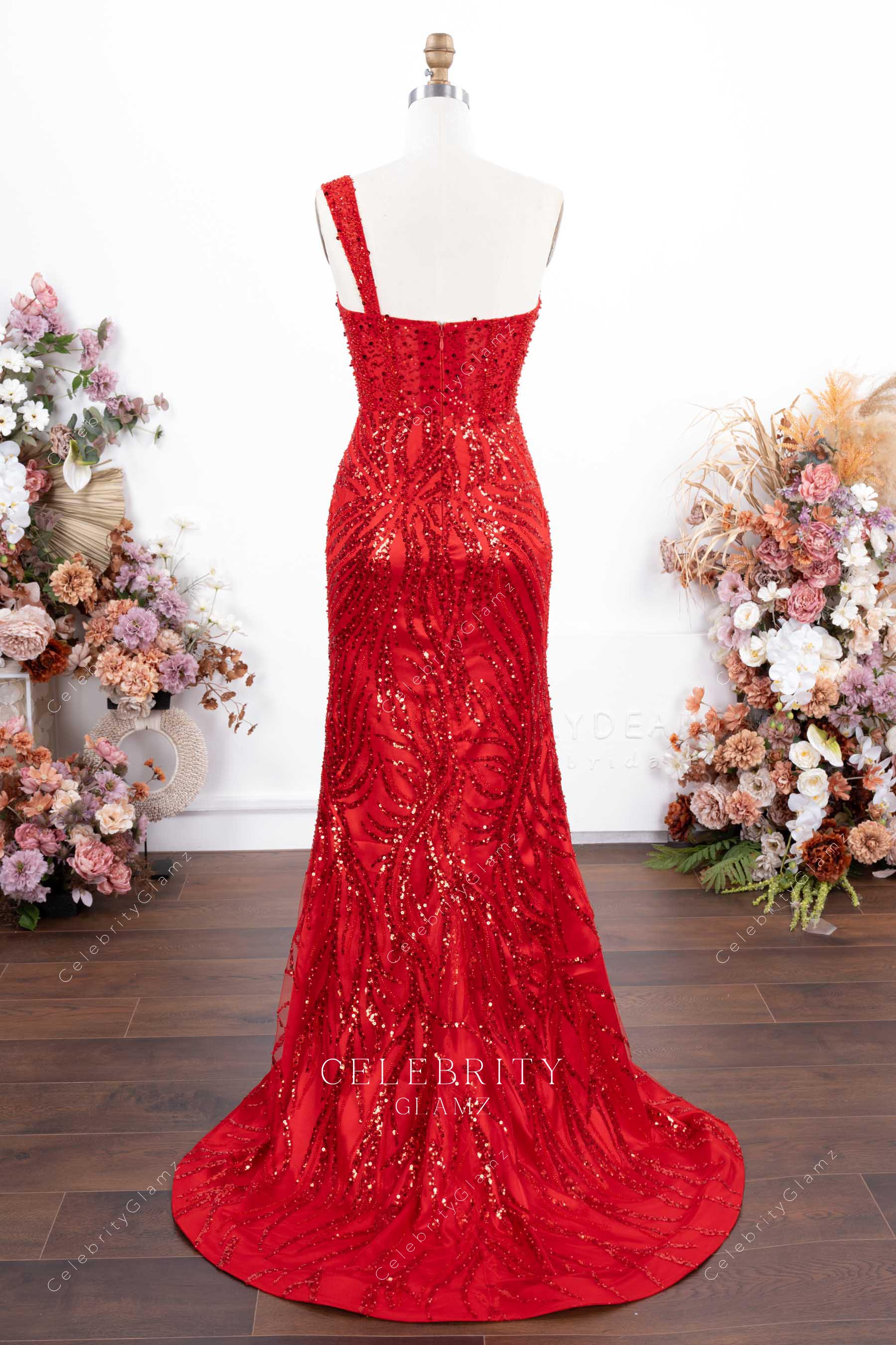 sparkly red sequin court train prom dress