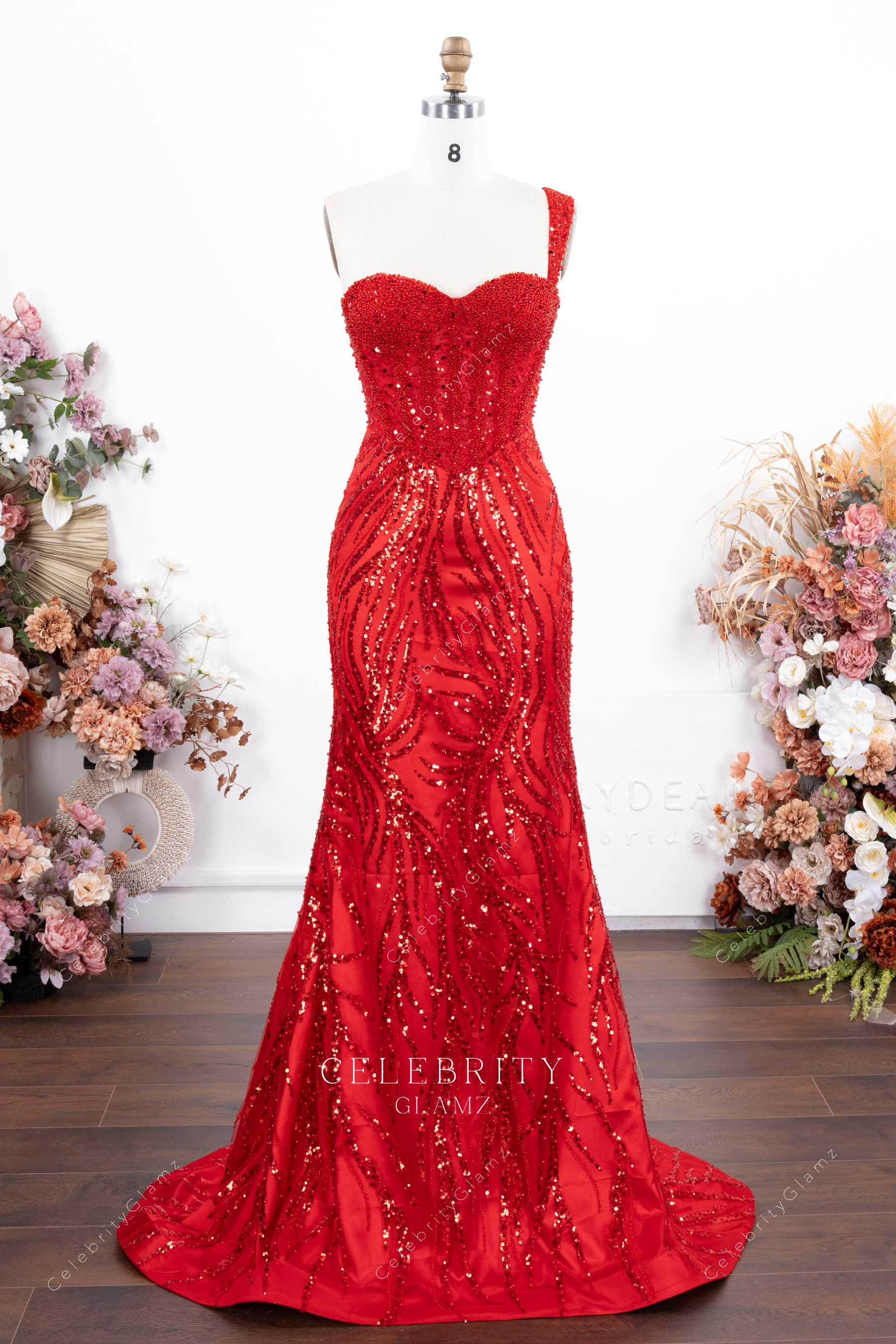 sparkly red sequin fit flare prom dress