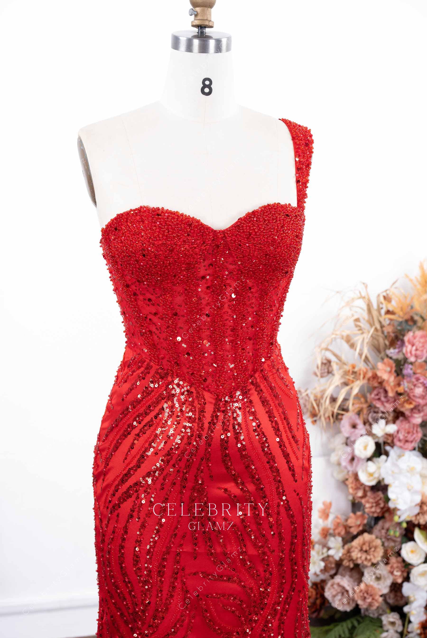 sparkly red sequin sweetheart neck prom dress
