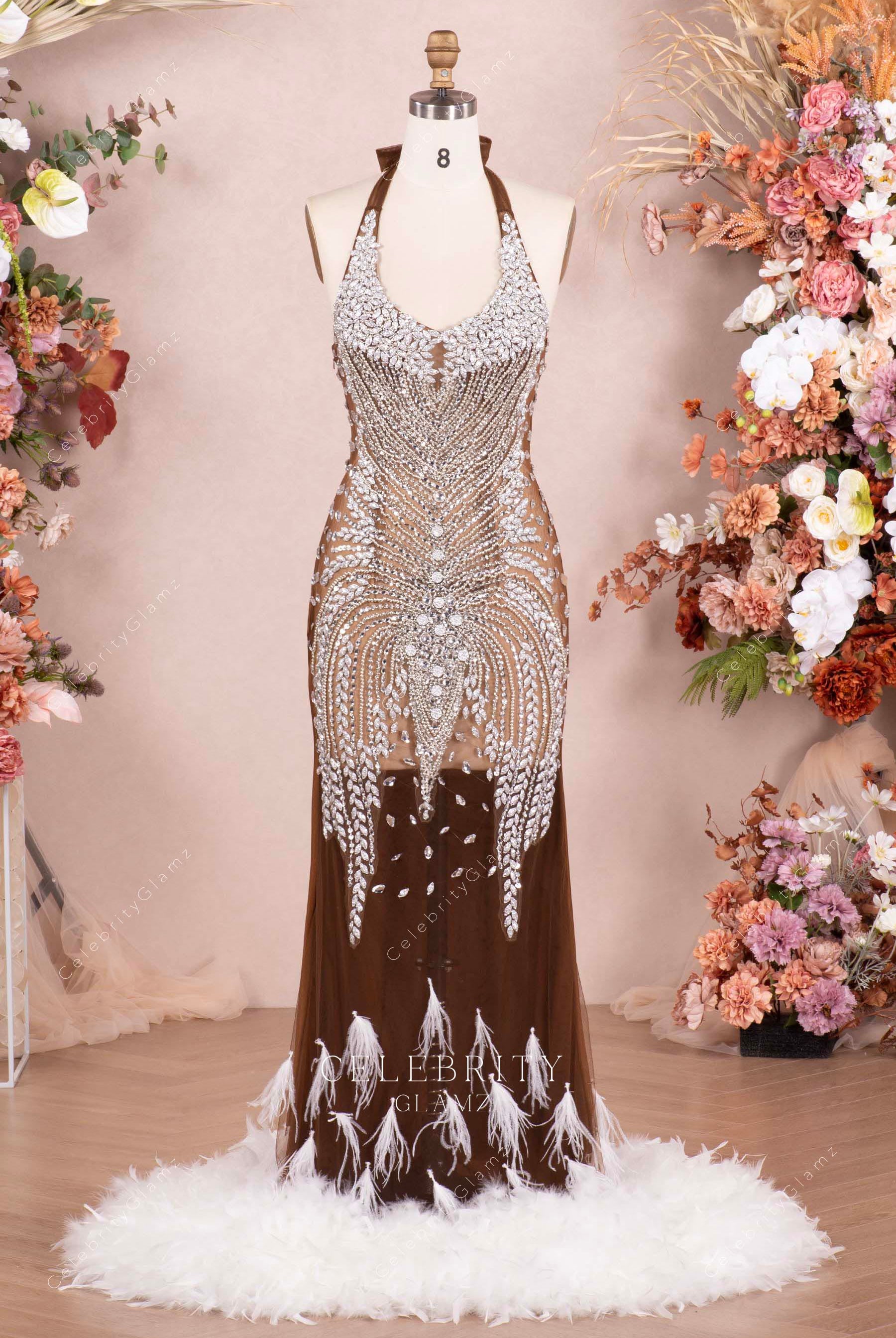 sparkly rhinestone feathers prom dress