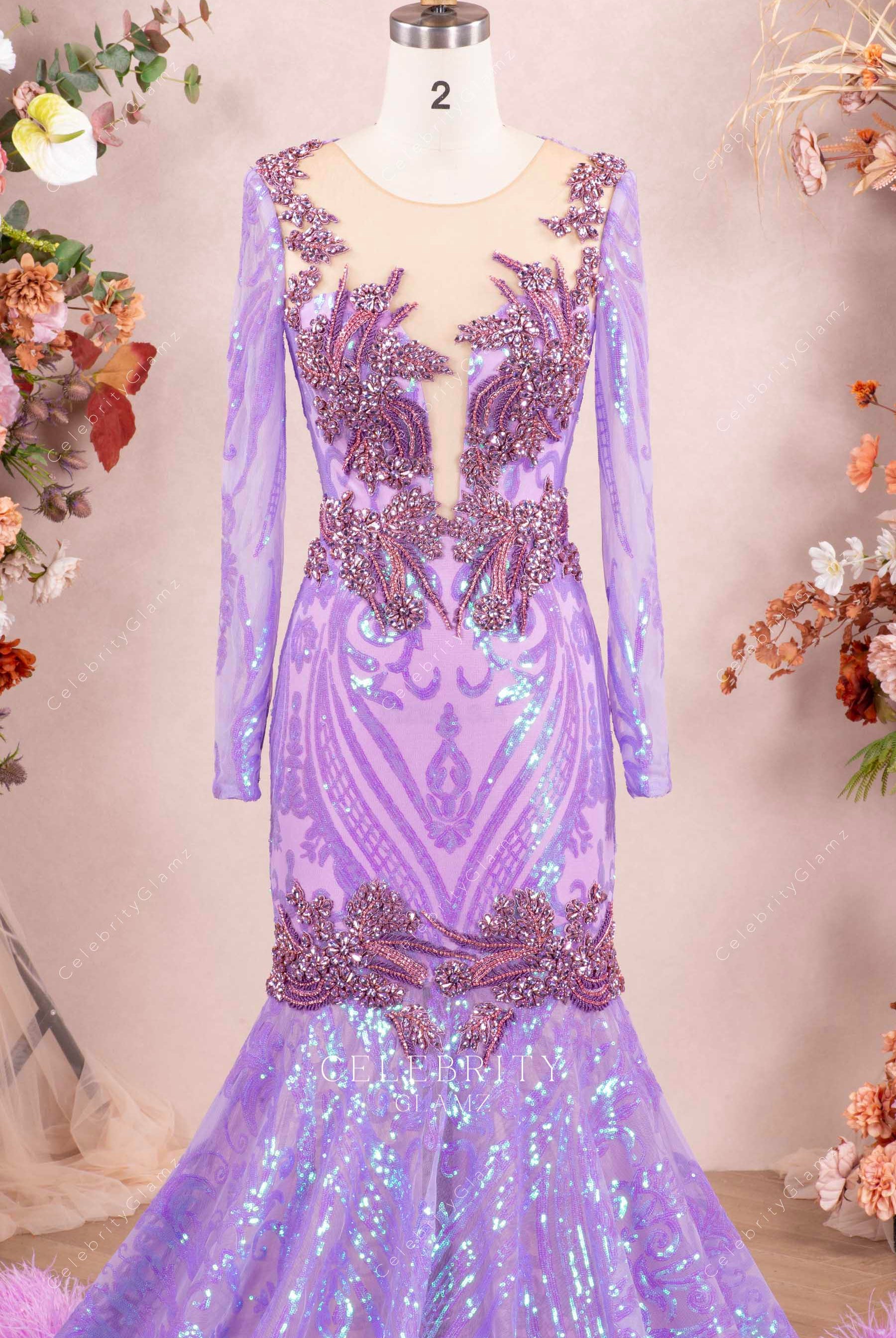 sparkly rhinestones lilac prom dress