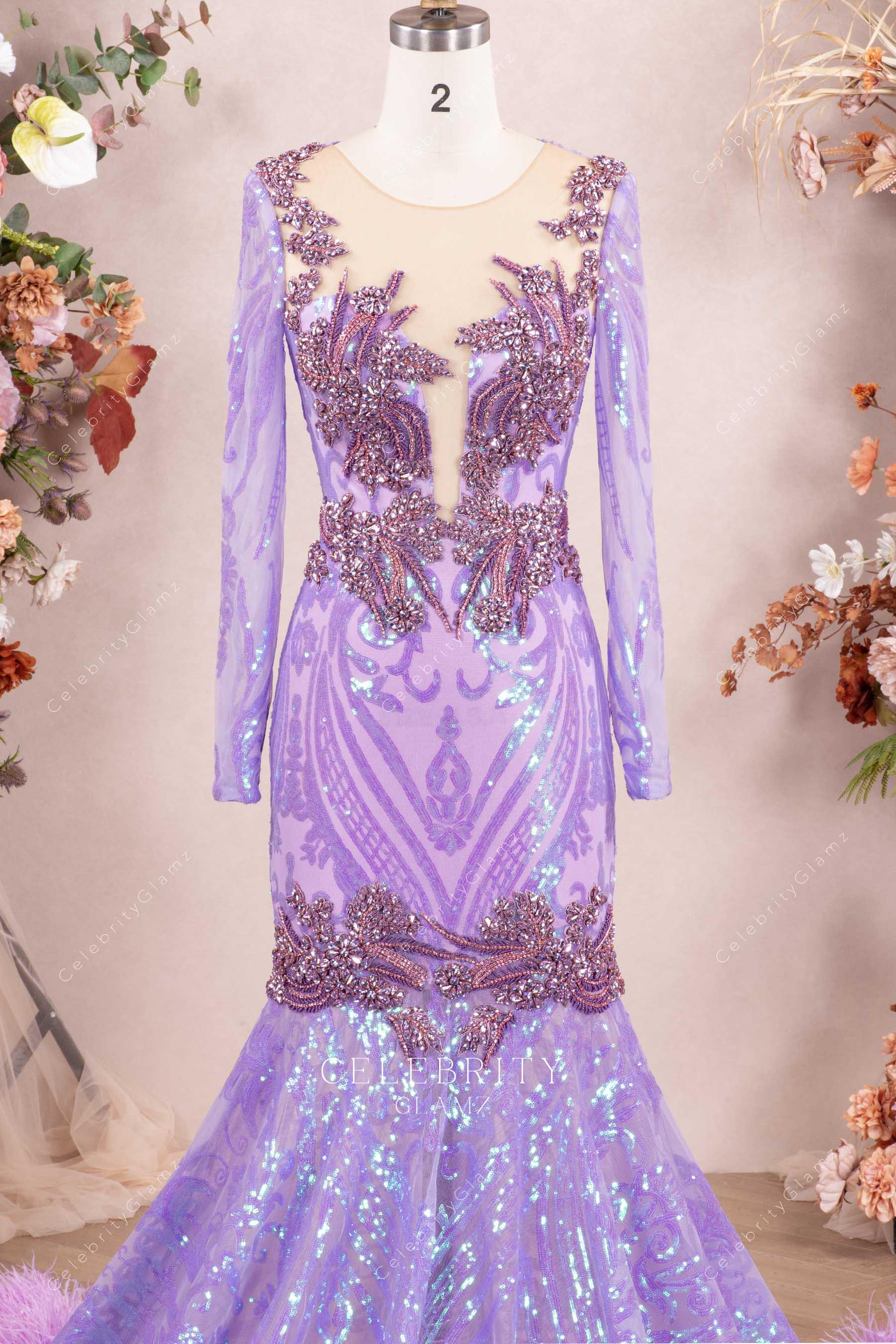 sparkly rhinestones lilac prom dress