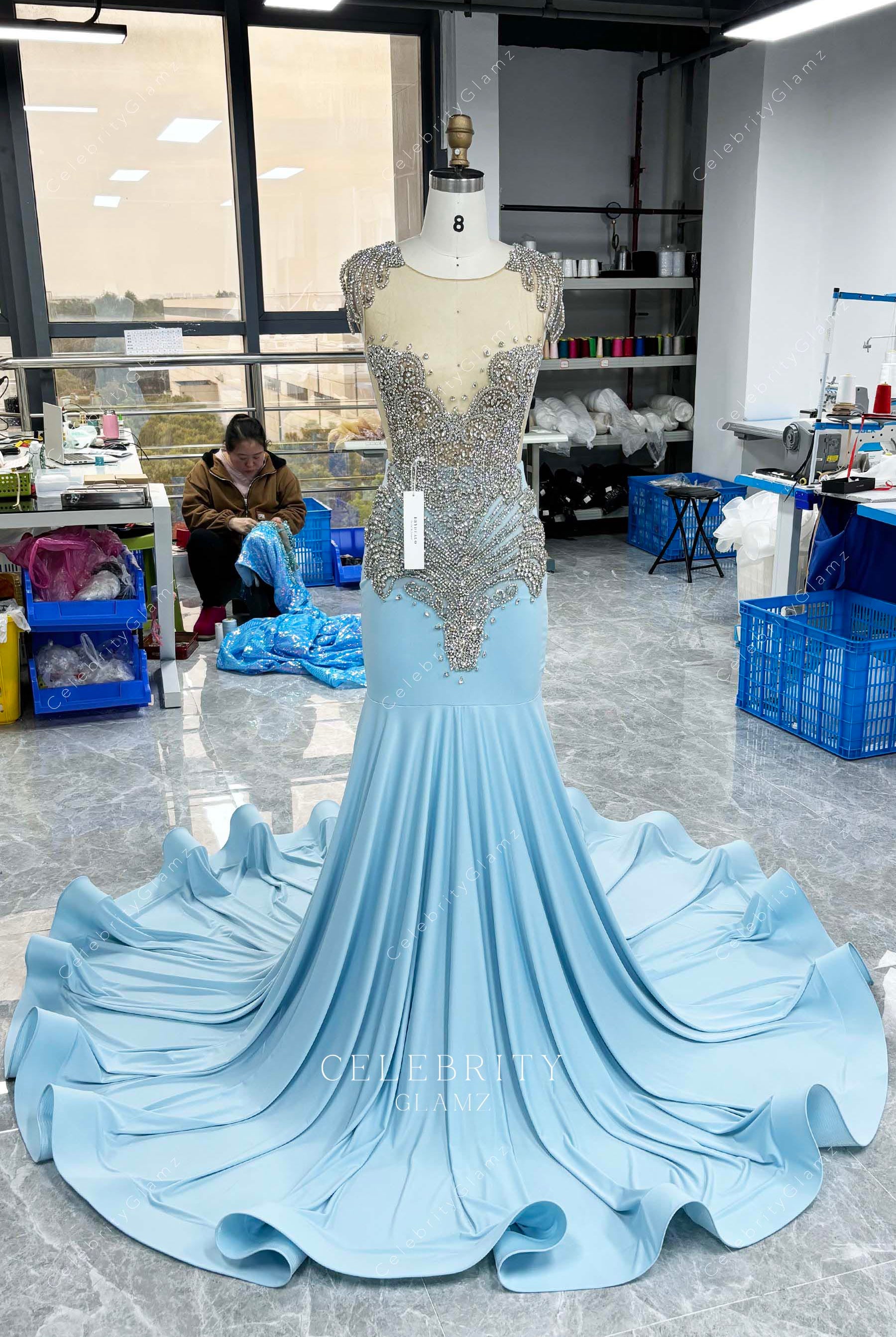 sparkly rhinestones sky blue mermaid prom dress