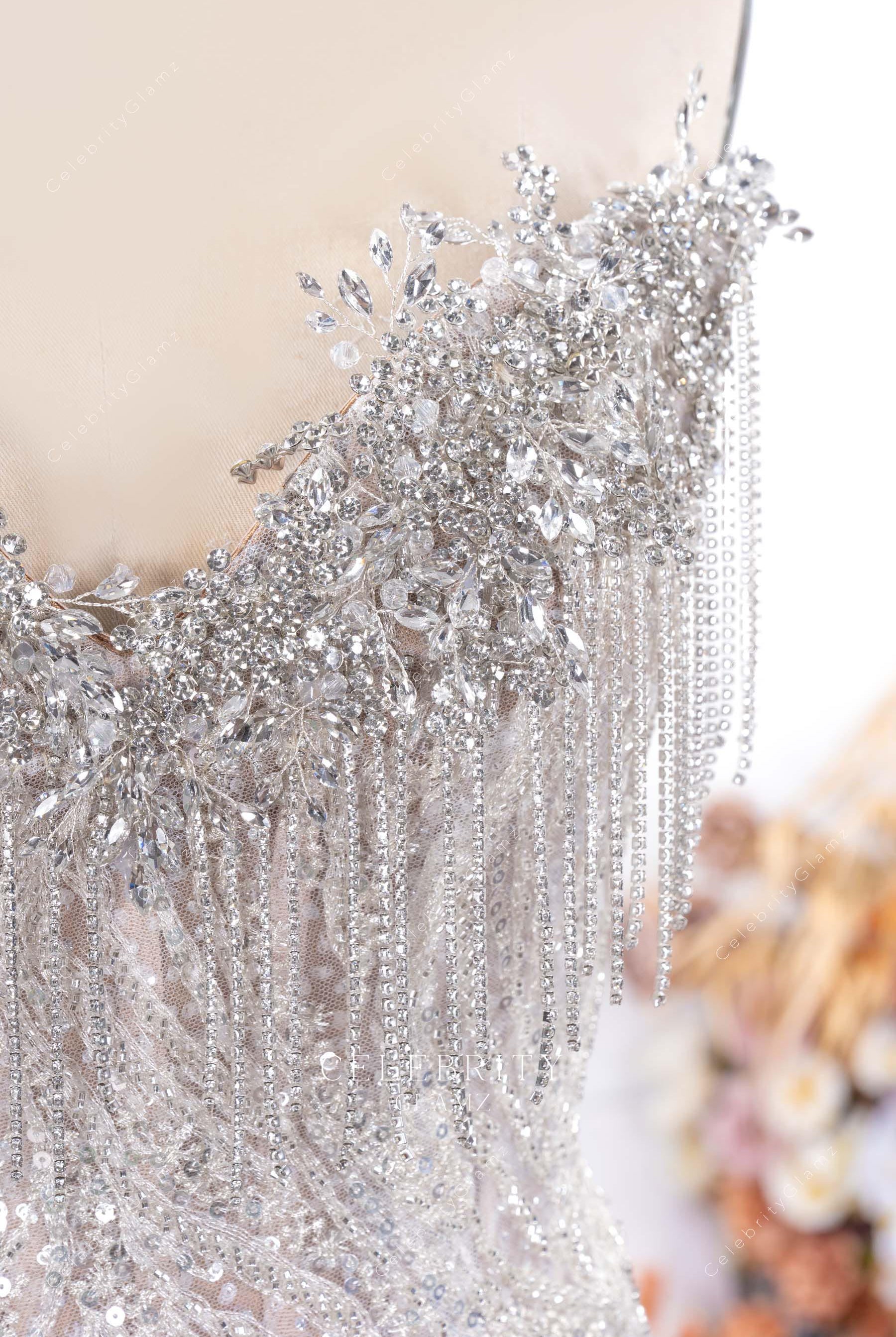 sparkly rhinestones tassel prom gown