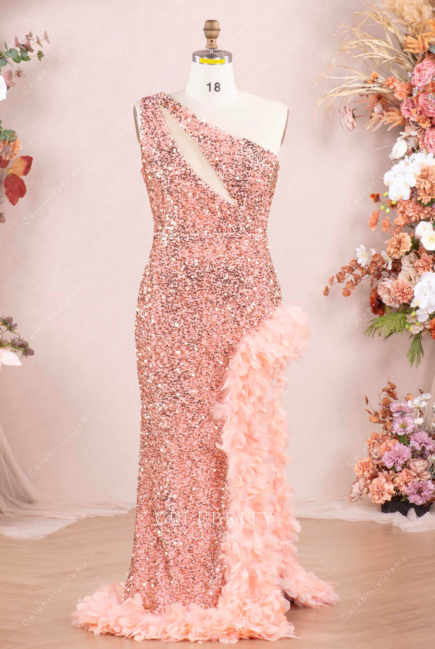 sparkly rose old one shoulder prom dress