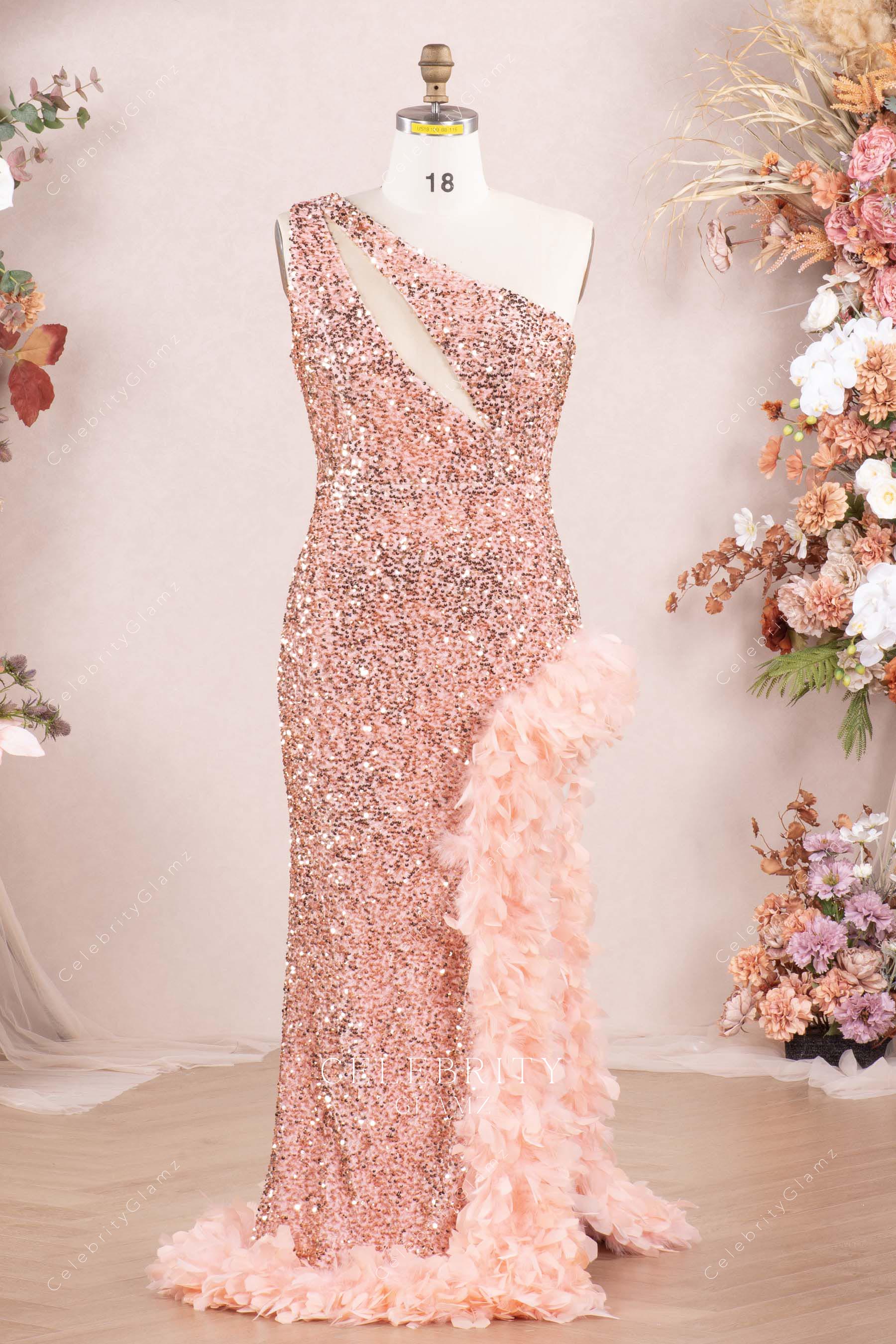 sparkly rose old one shoulder prom dress