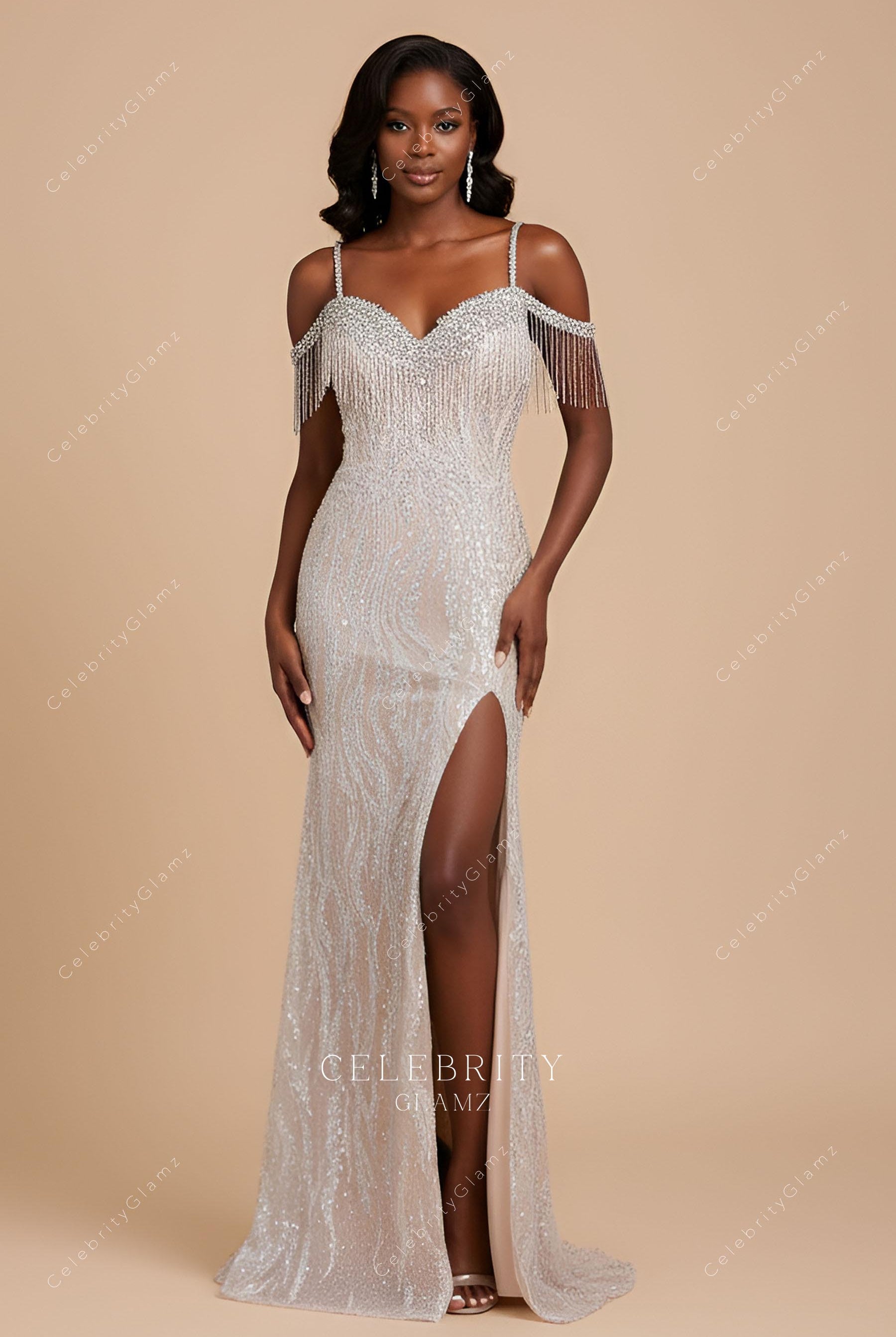 sparkly sequin cold shoulder split prom dress