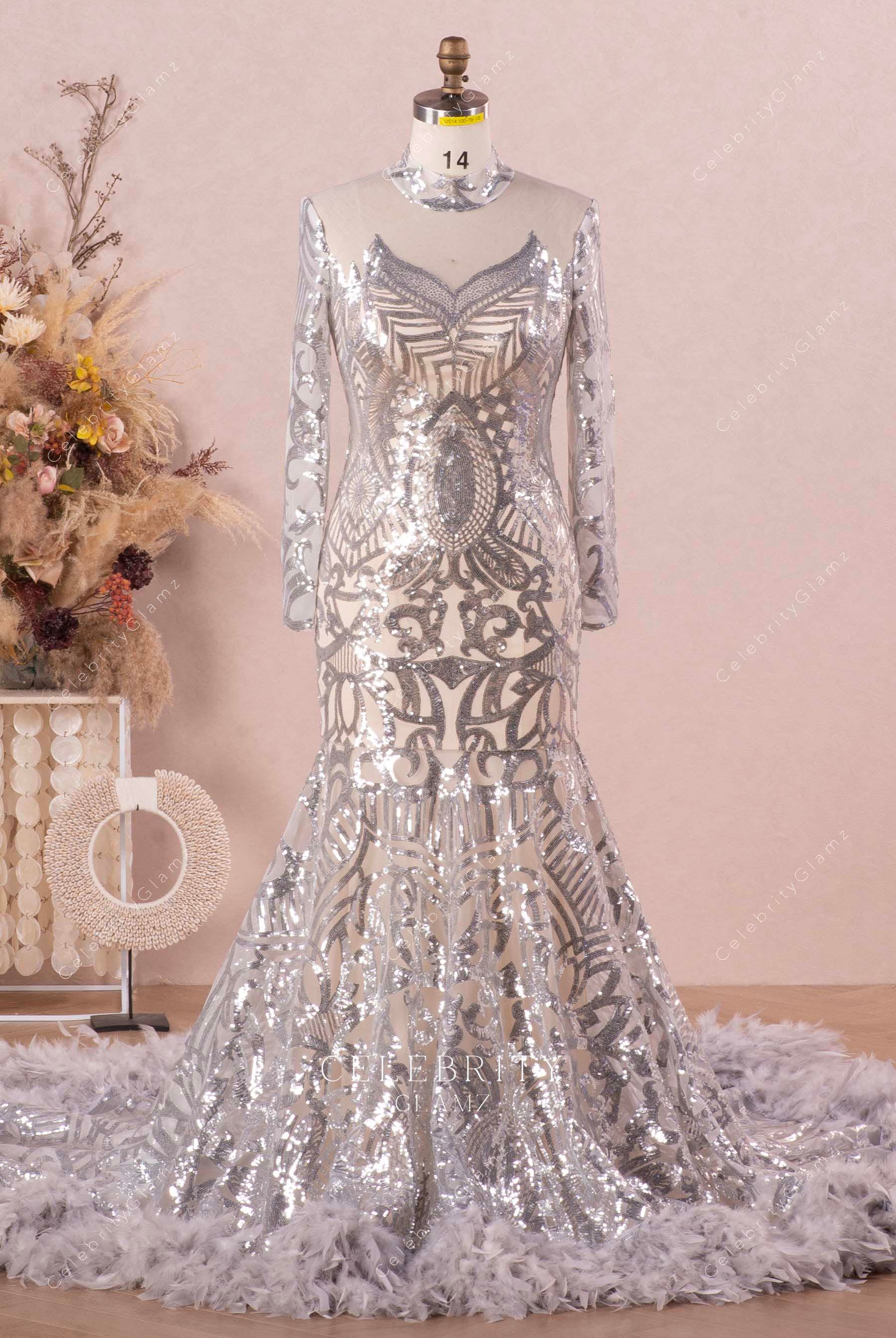 sparkly trumpet feathered prom dress