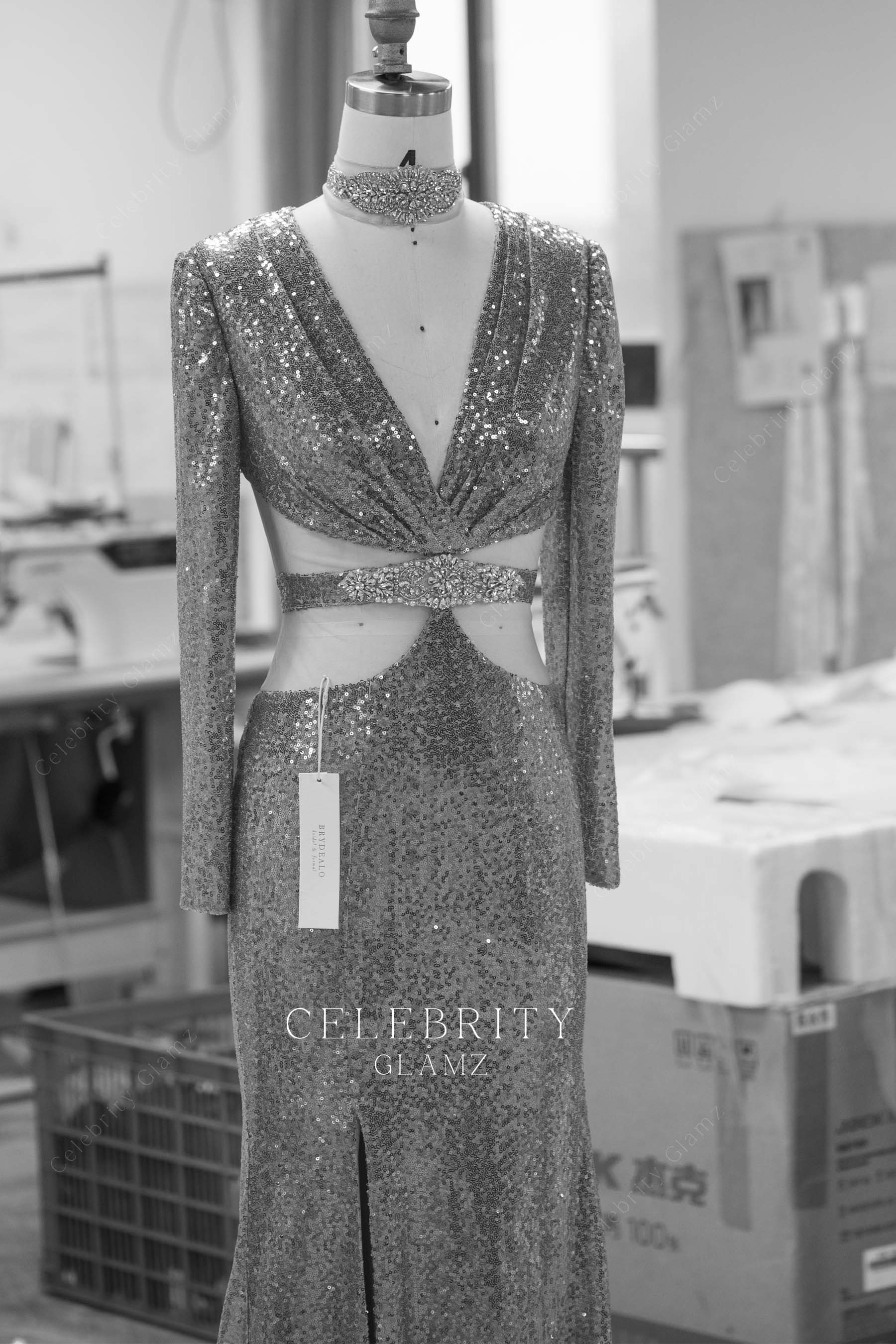 sparkly lilac long sleeves prom dress