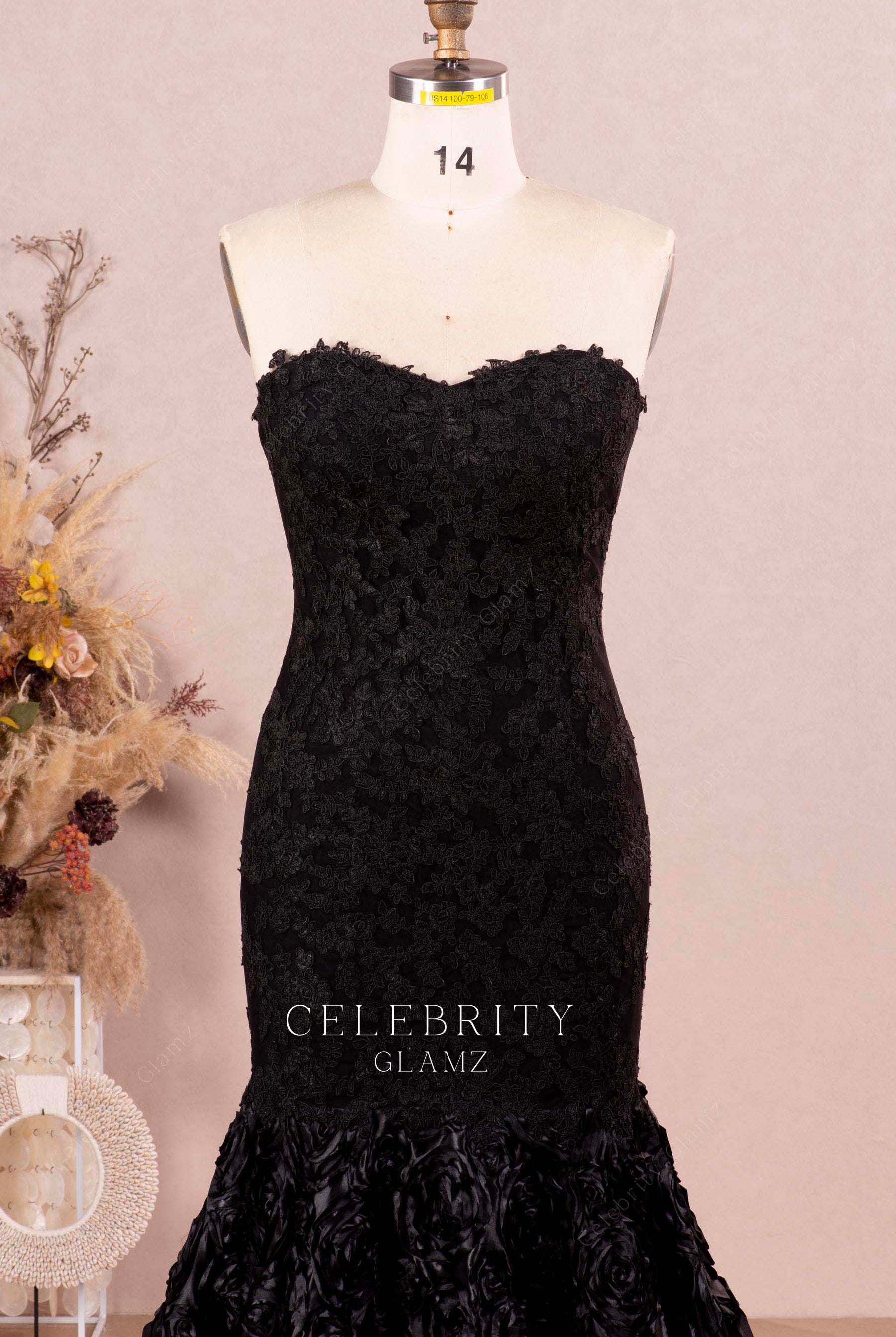 strapless black lace prom dress