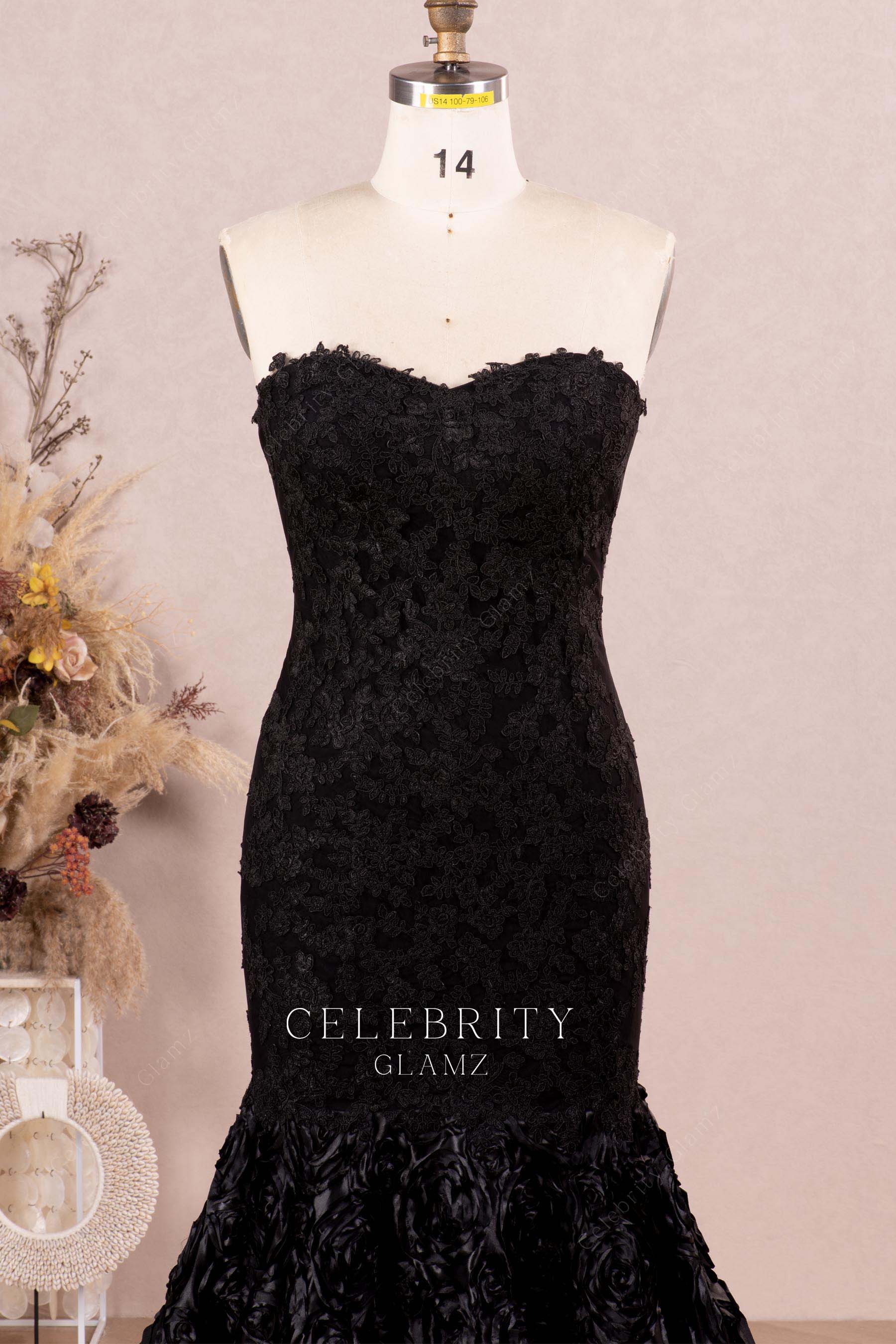 strapless black lace prom dress