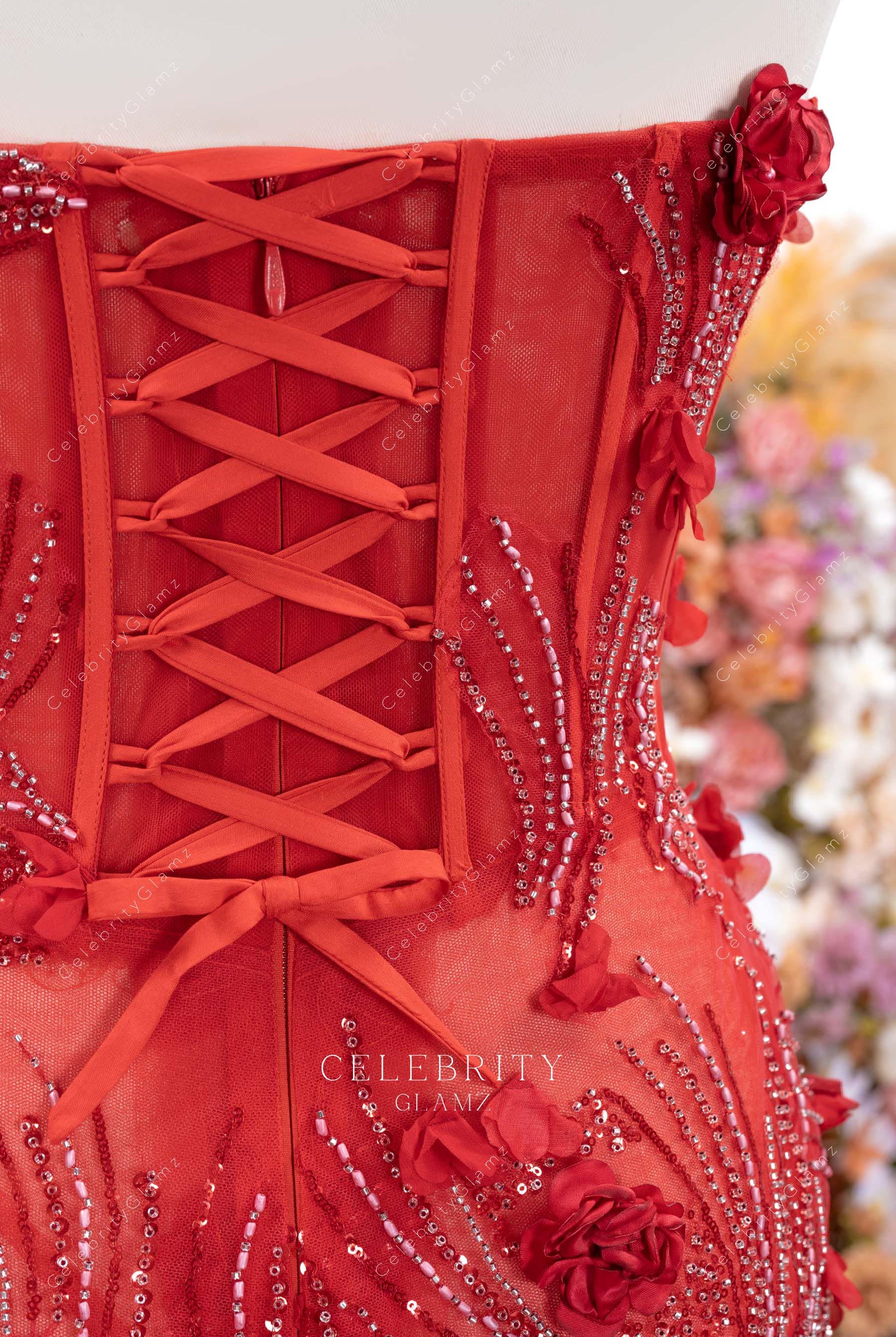 strapless lace up back red prom dress