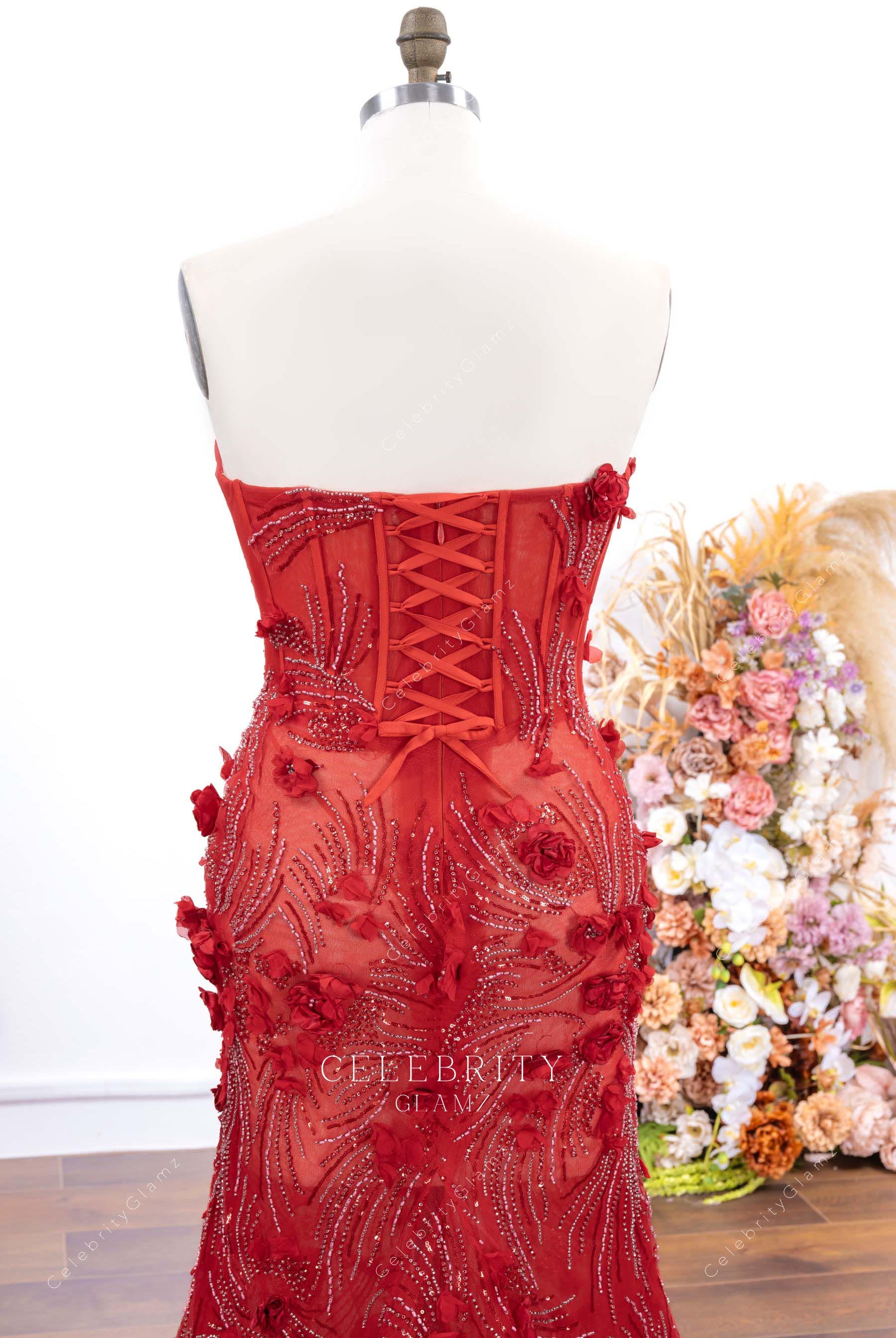 strapless open back red prom dress