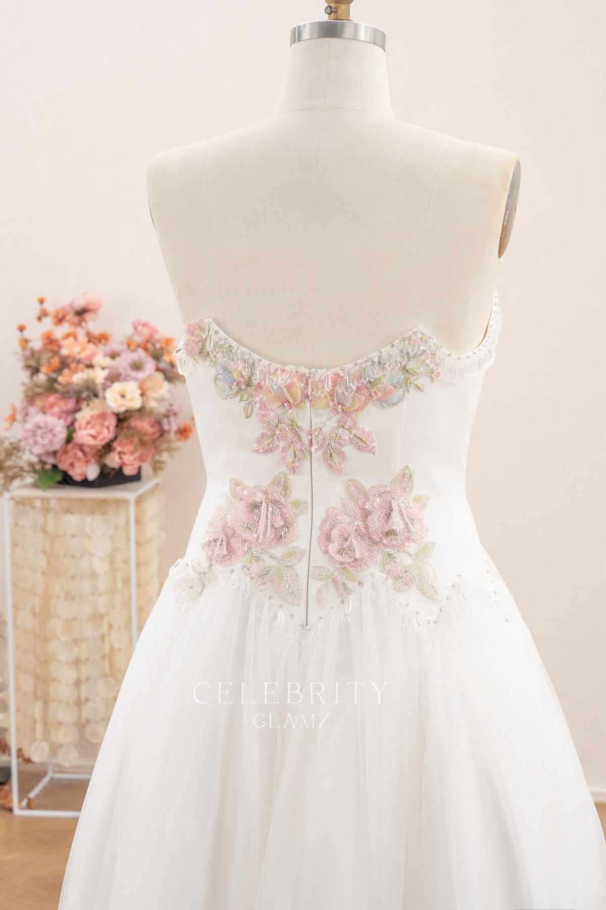 strapless open back short wedding dress