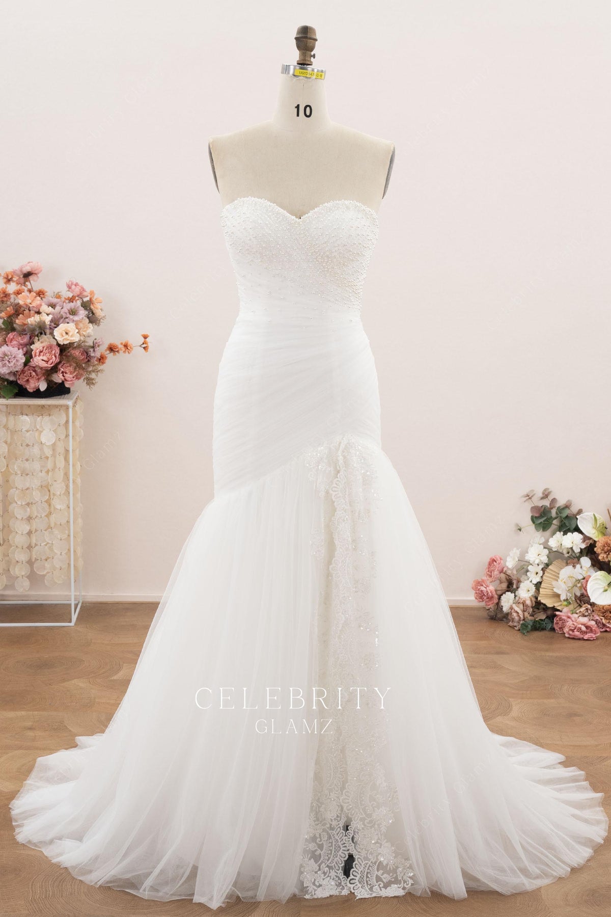 strapless pearls sweetheart wedding dress