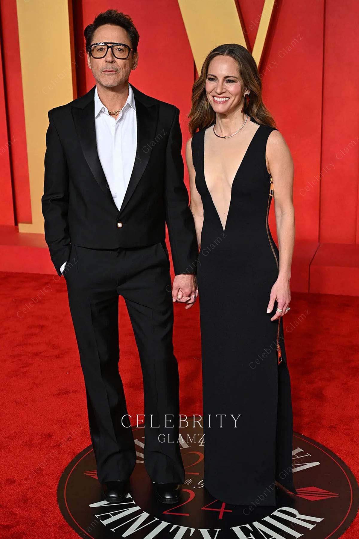Susan Downey illusion plunging neck prom dress 2024 Oscars after party