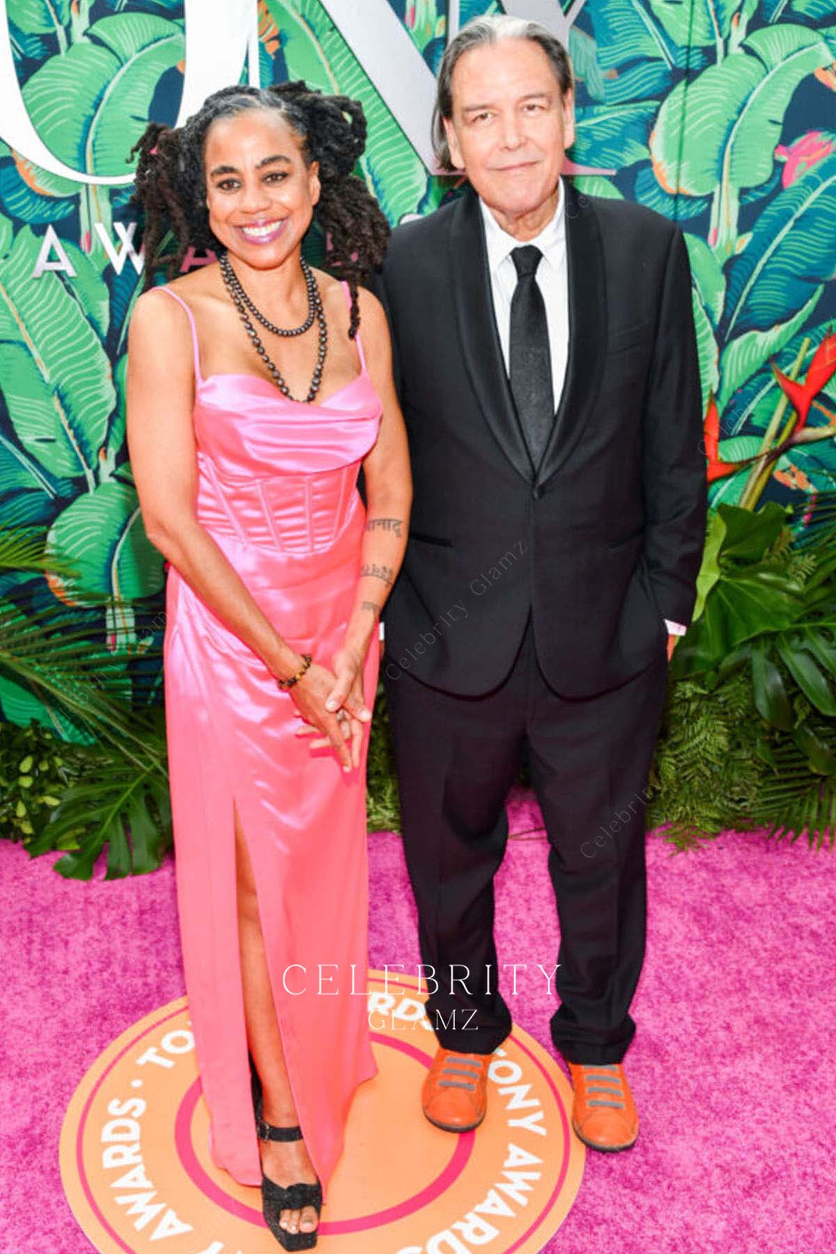 Suzan Lori parks peach pink high slit prom dress 76th tony awards