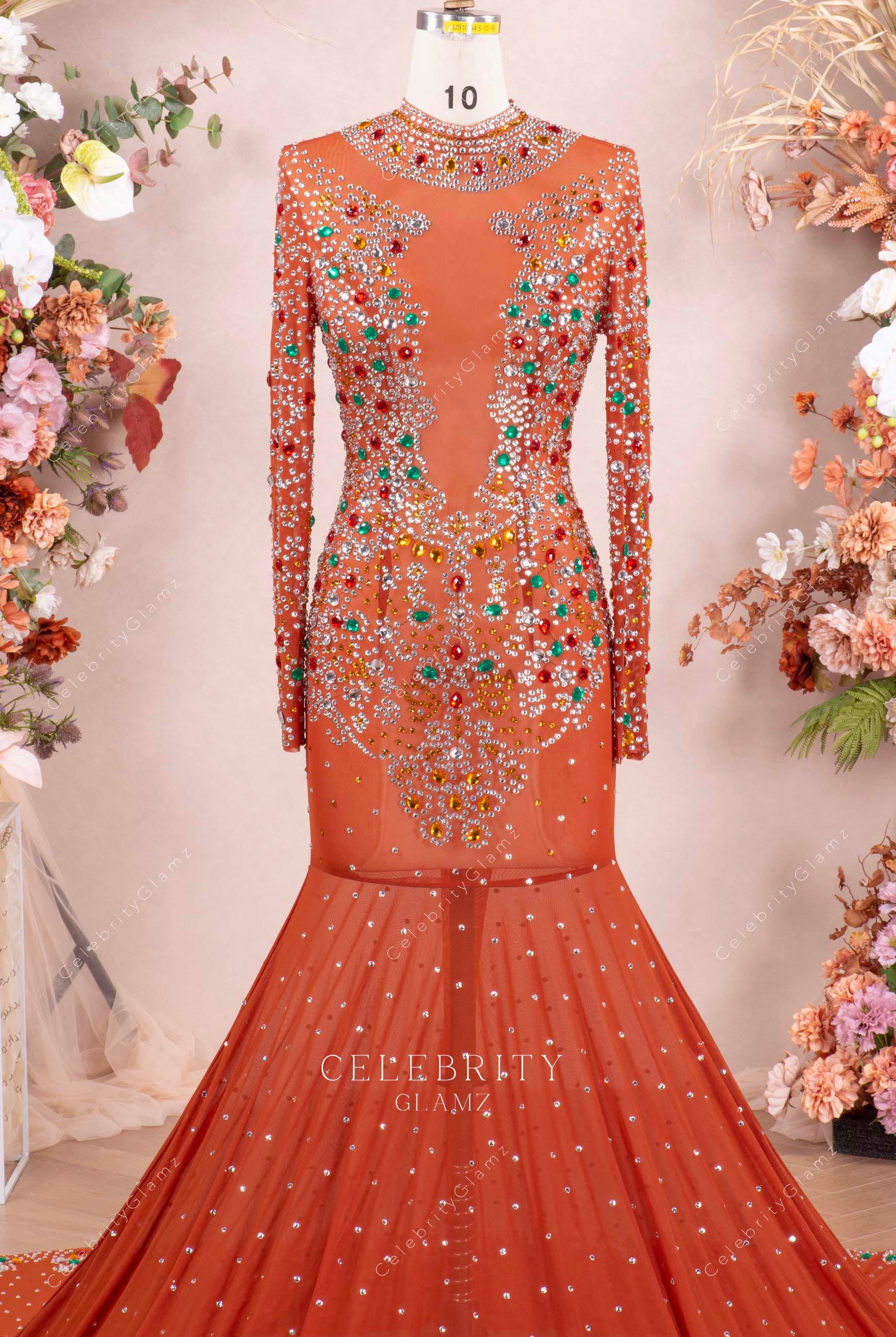 tan high neck trumpet prom dress