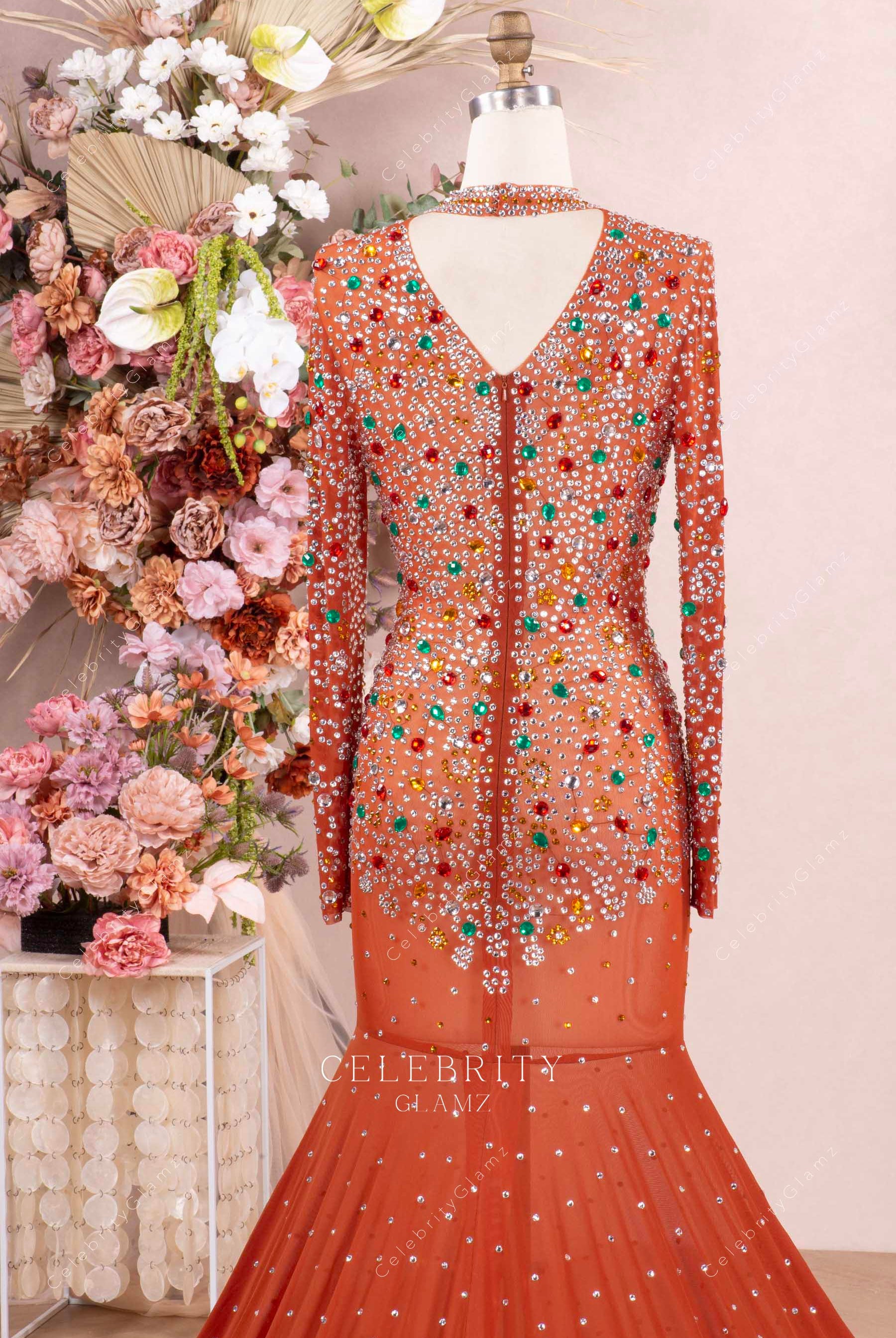 tan keyhole back trumpet prom dress