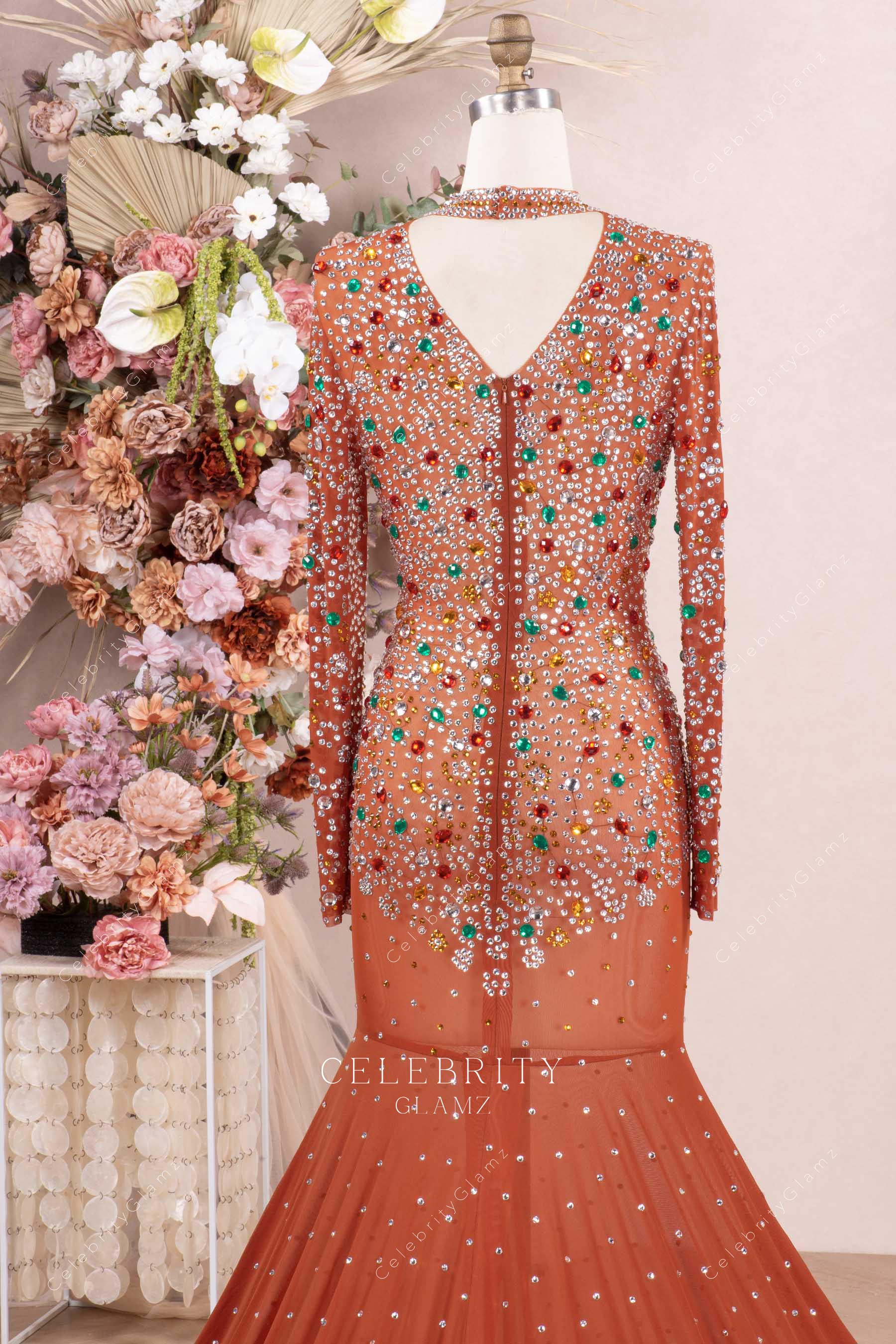 tan keyhole back trumpet prom dress