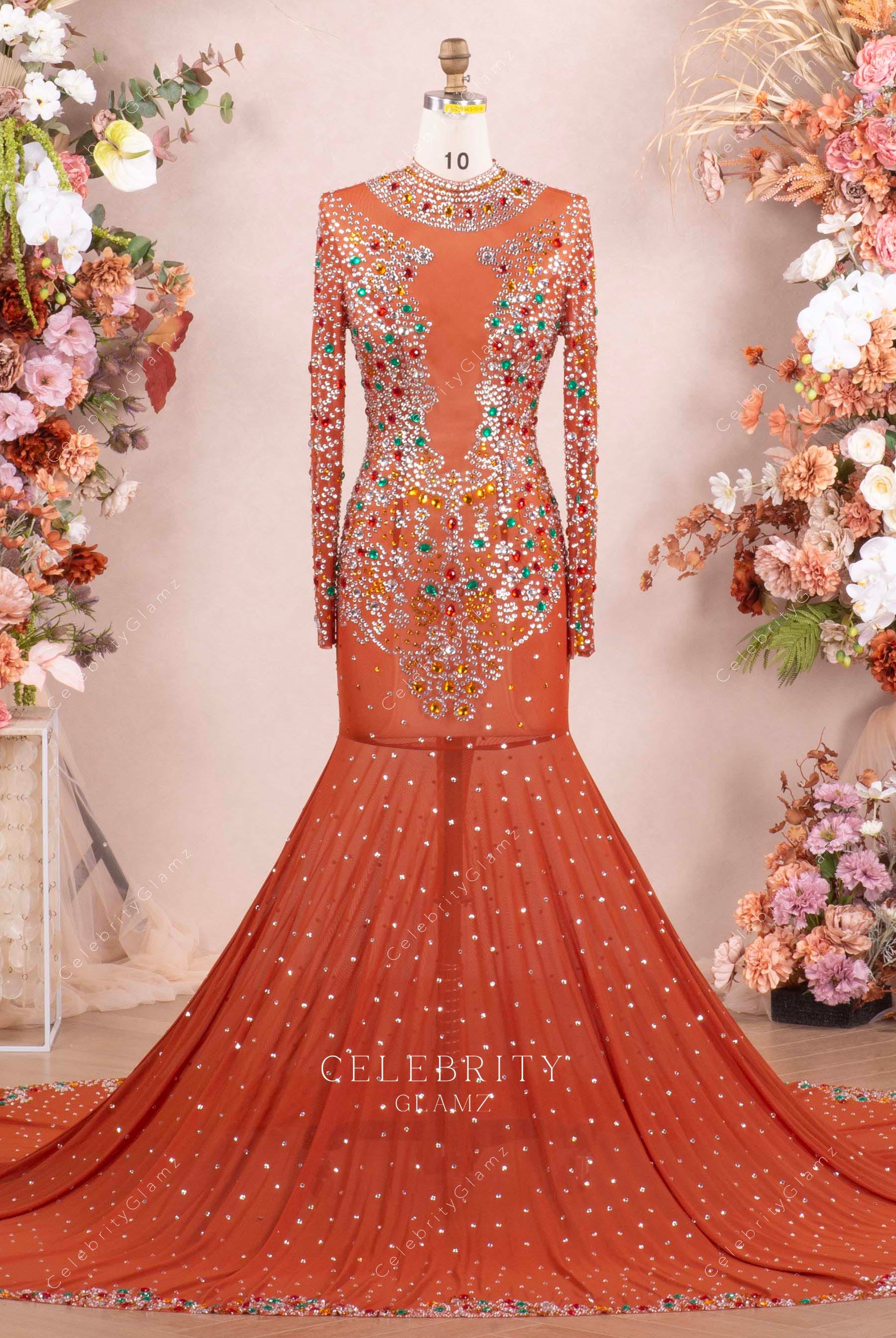 tan long sleeves trumpet prom dress