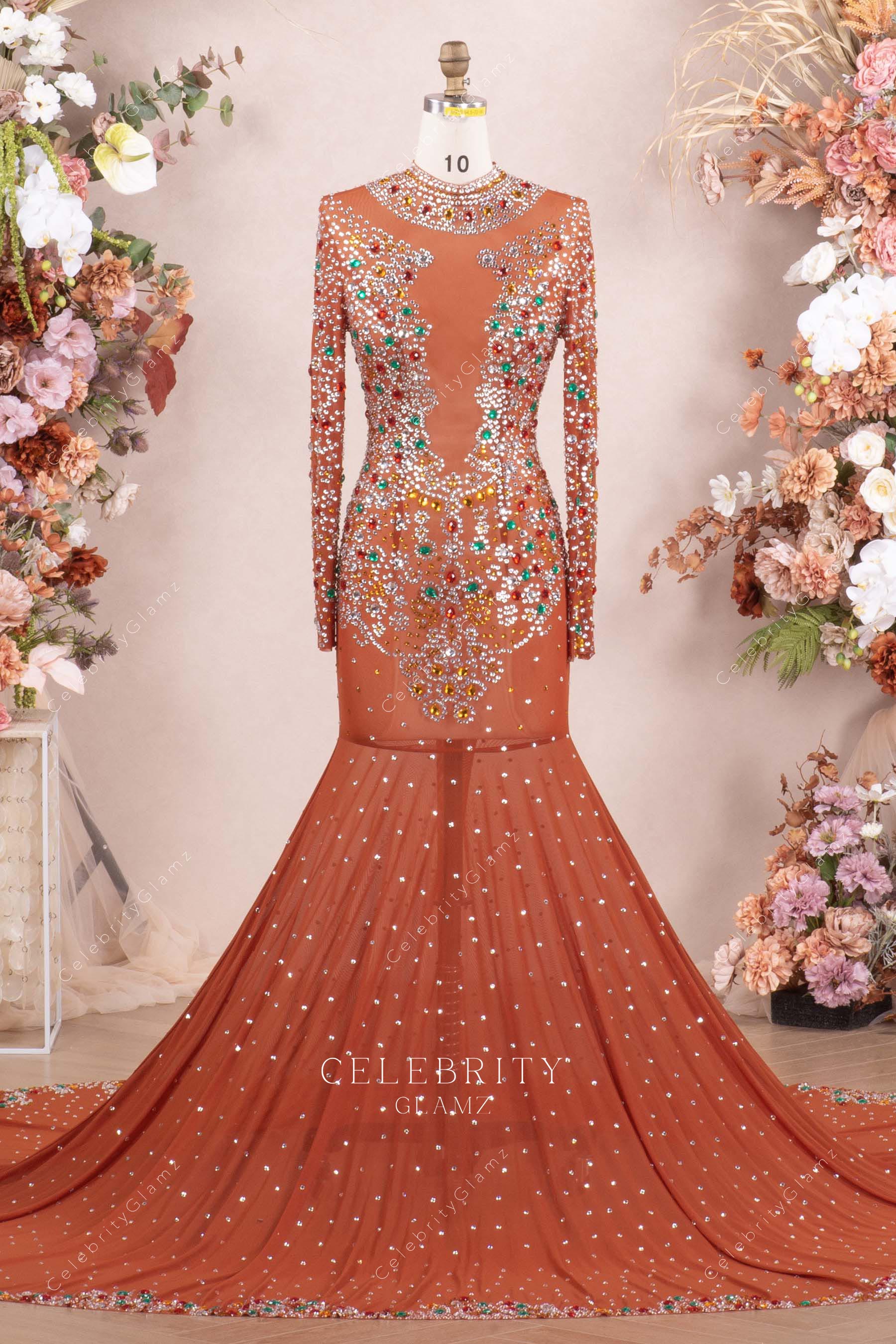 tan long sleeves trumpet prom dress