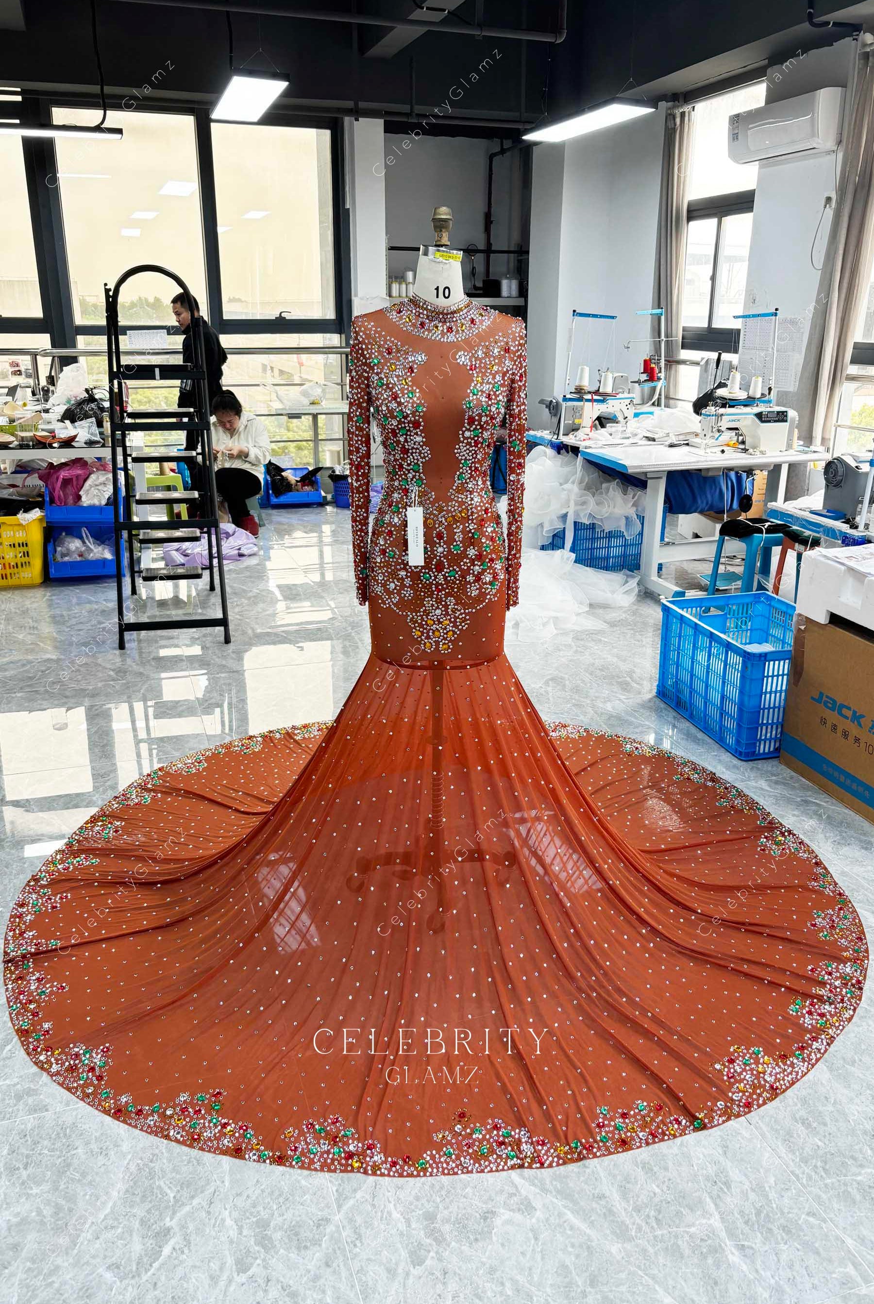 tan mermaid illusion train prom dress