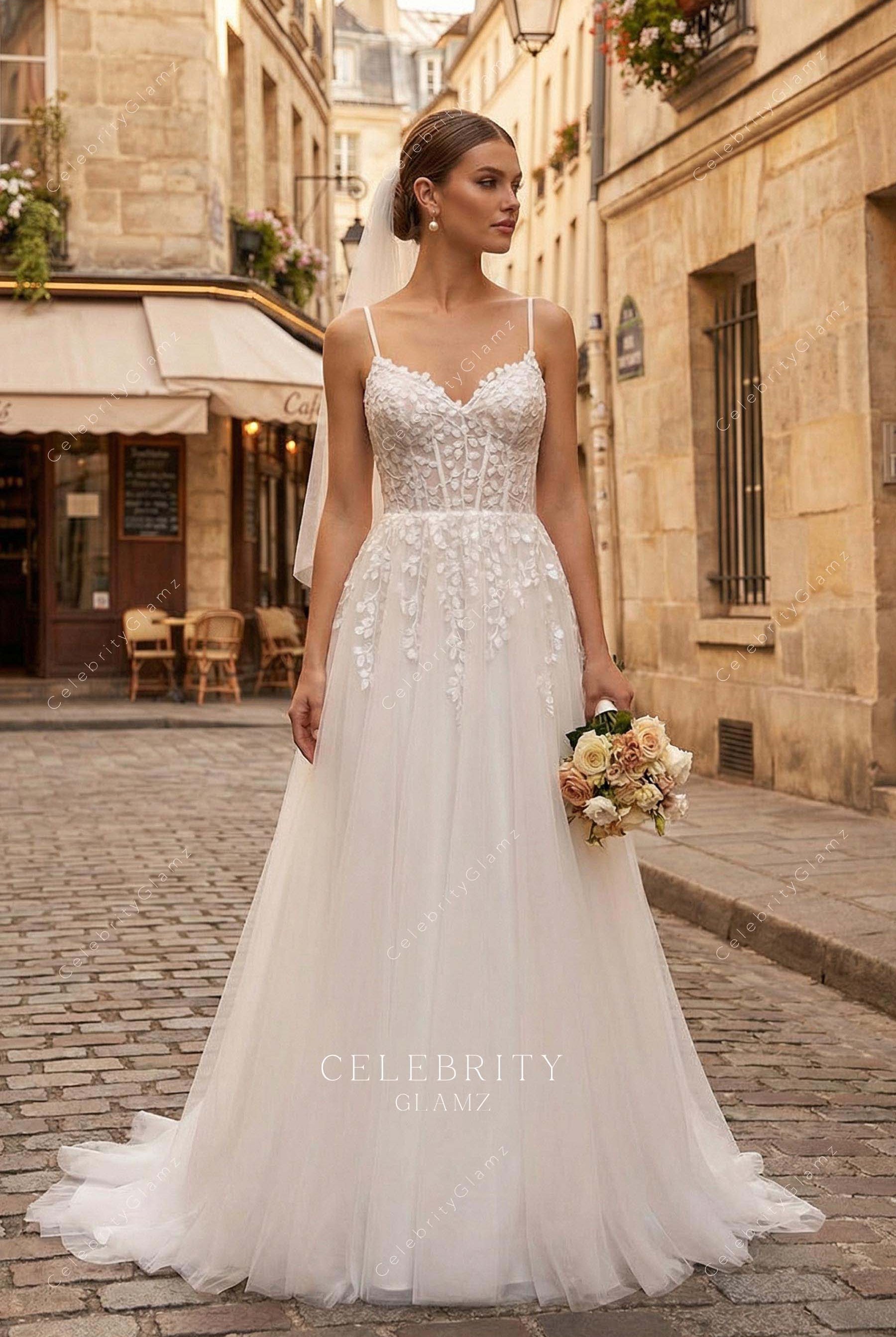 thin straps a line lace wedding dress