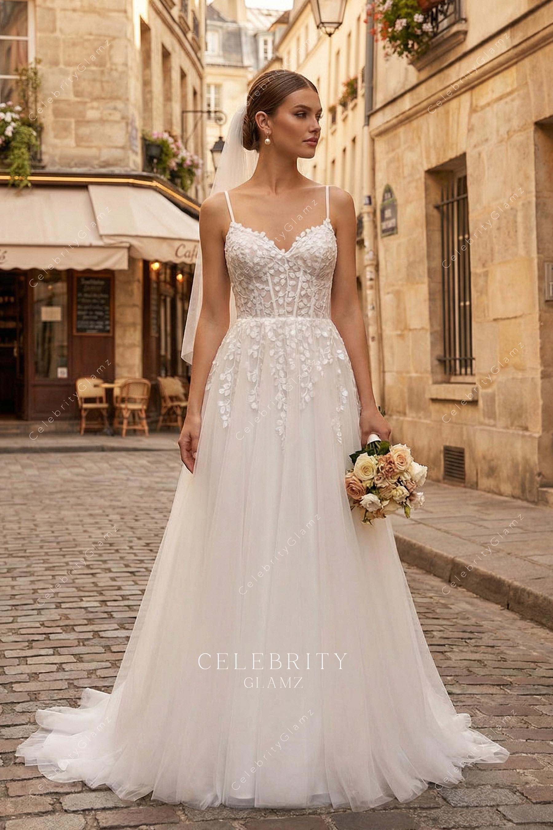 thin straps a line lace wedding dress