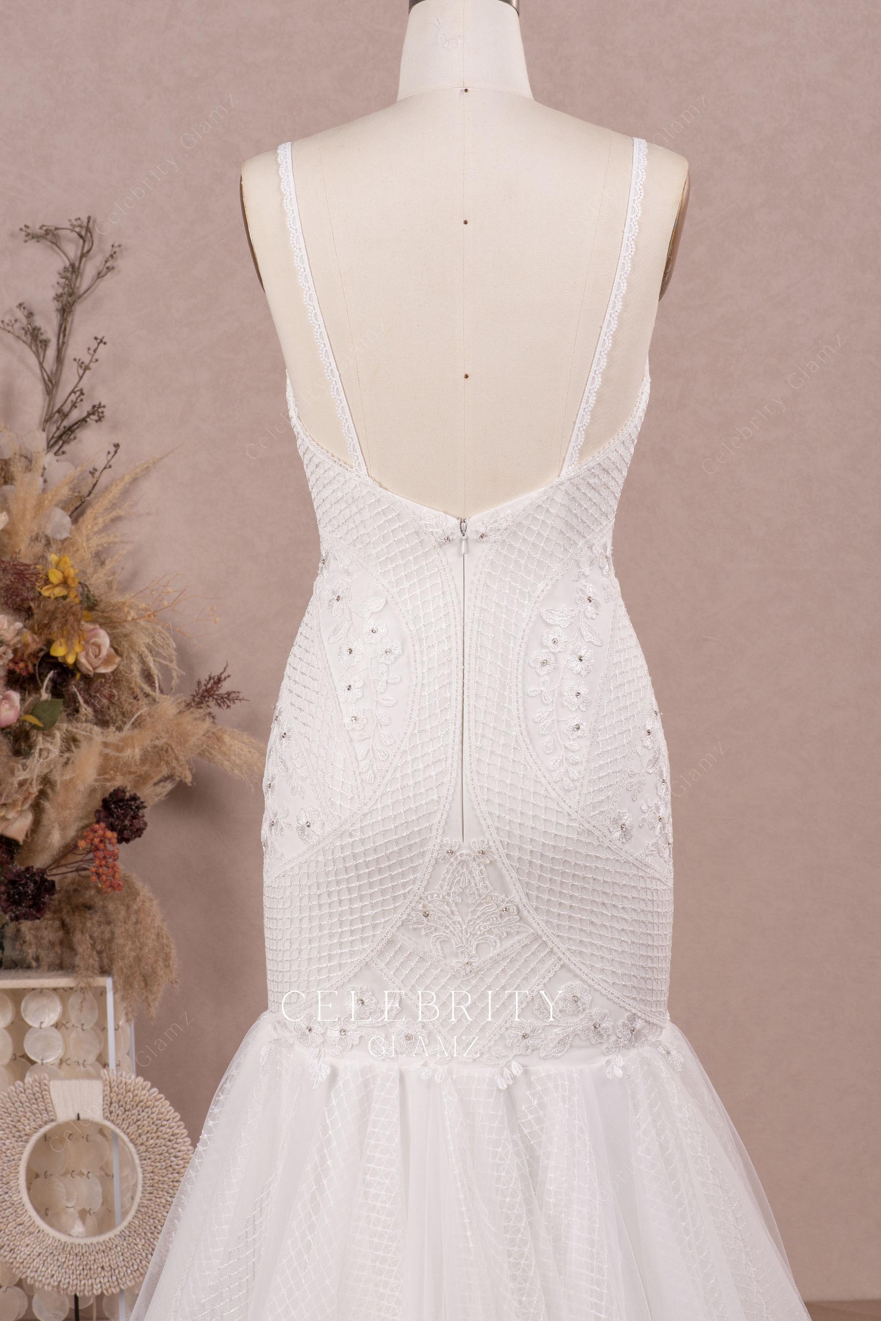 thin straps backless wedding dress