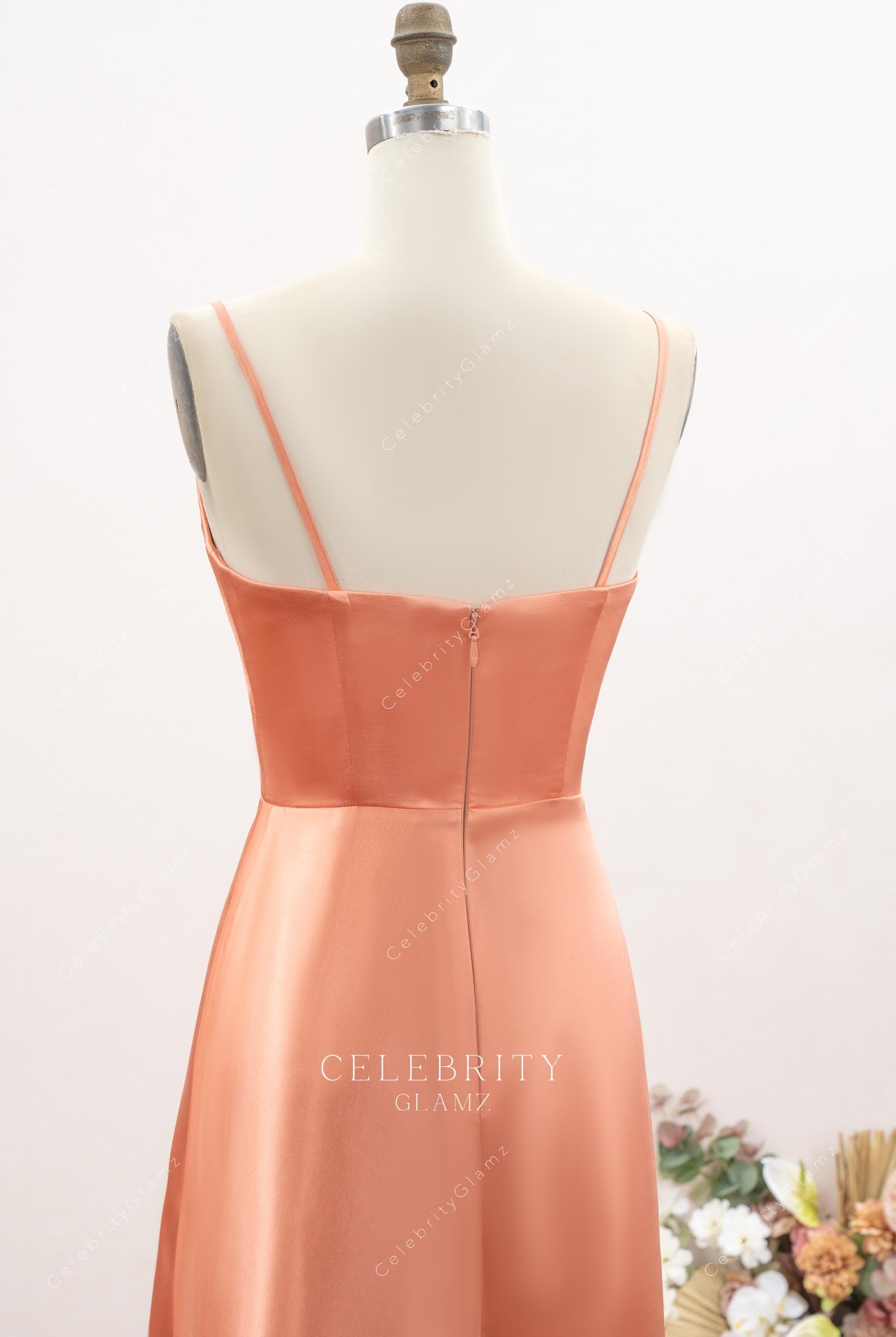 thin straps open back bridesmaid dress