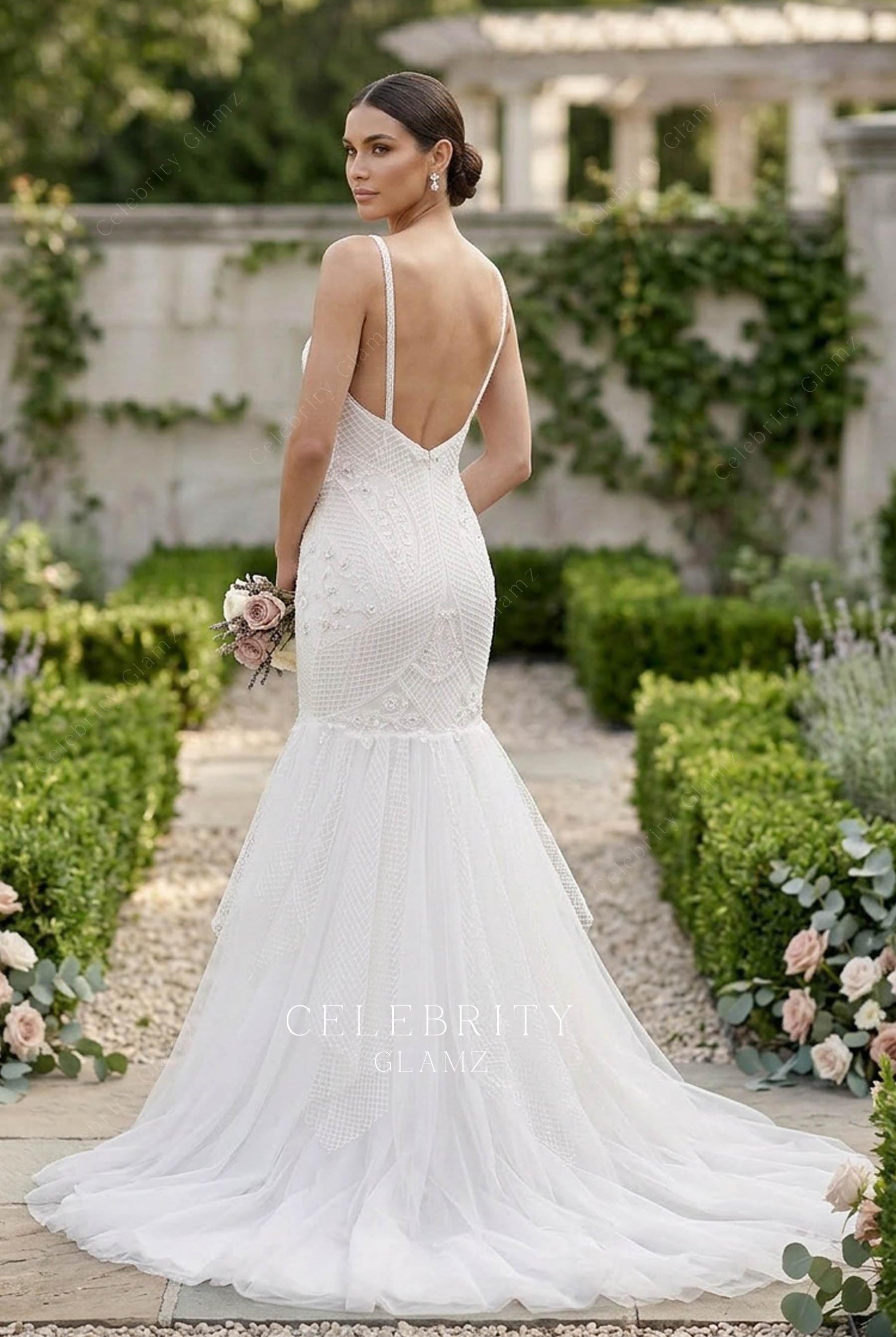 thin straps open back wedding dress