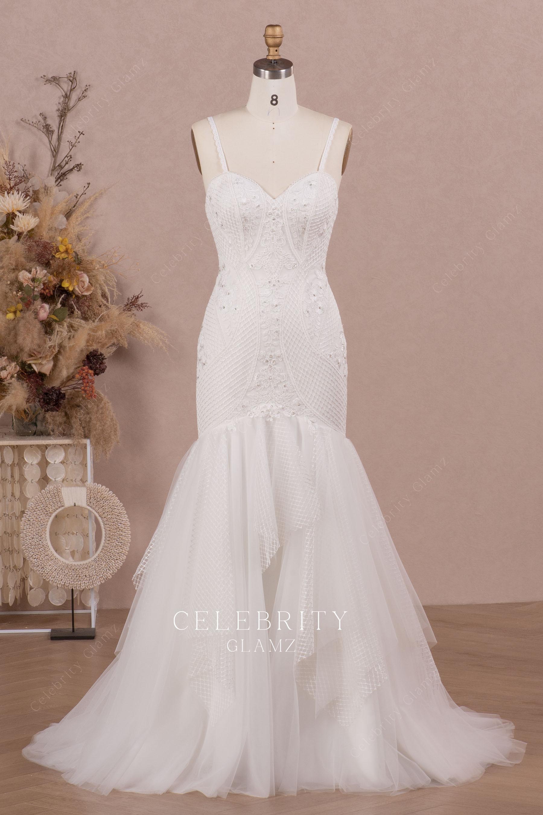 thin straps trumpet tulle wedding dress
