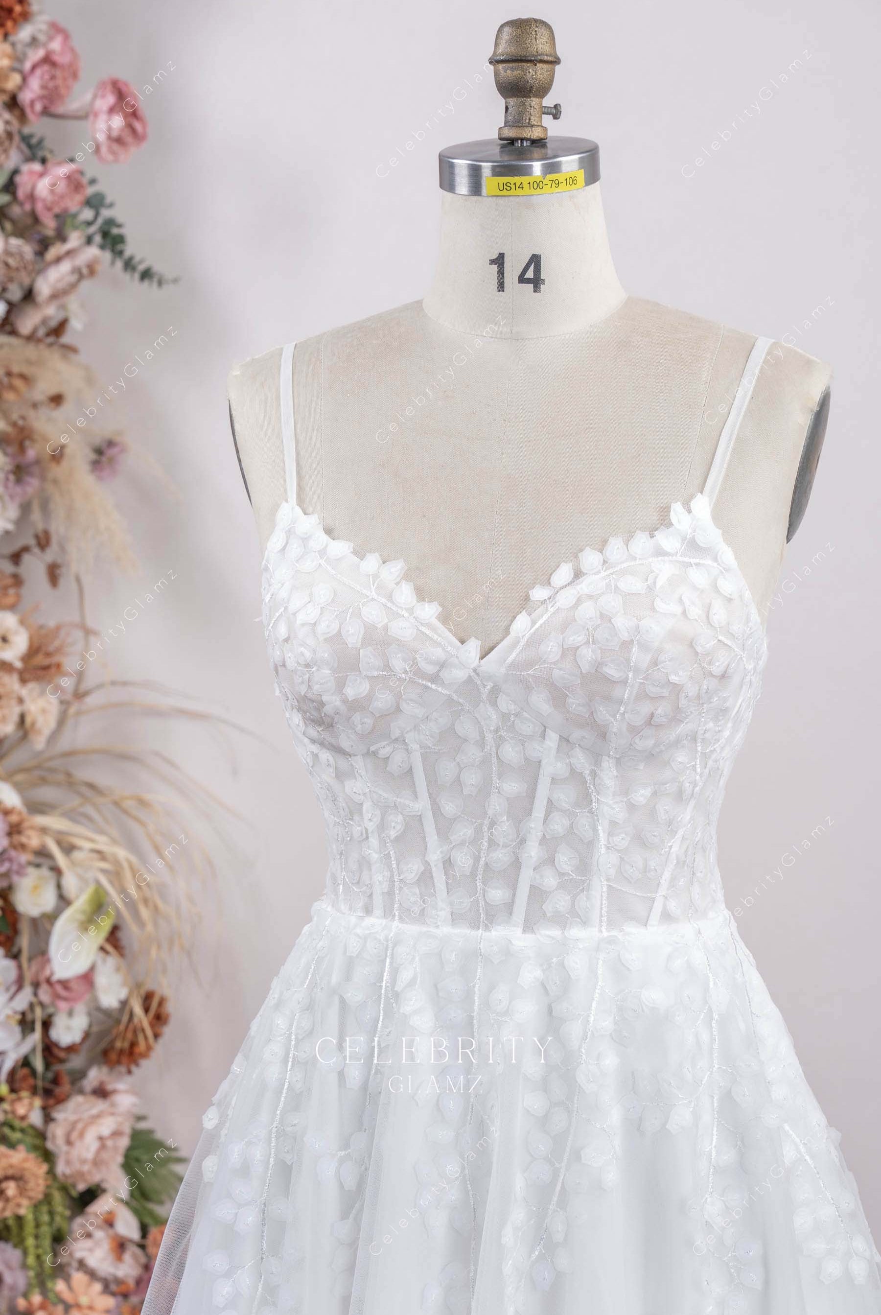 thin straps v neck lace wedding dress