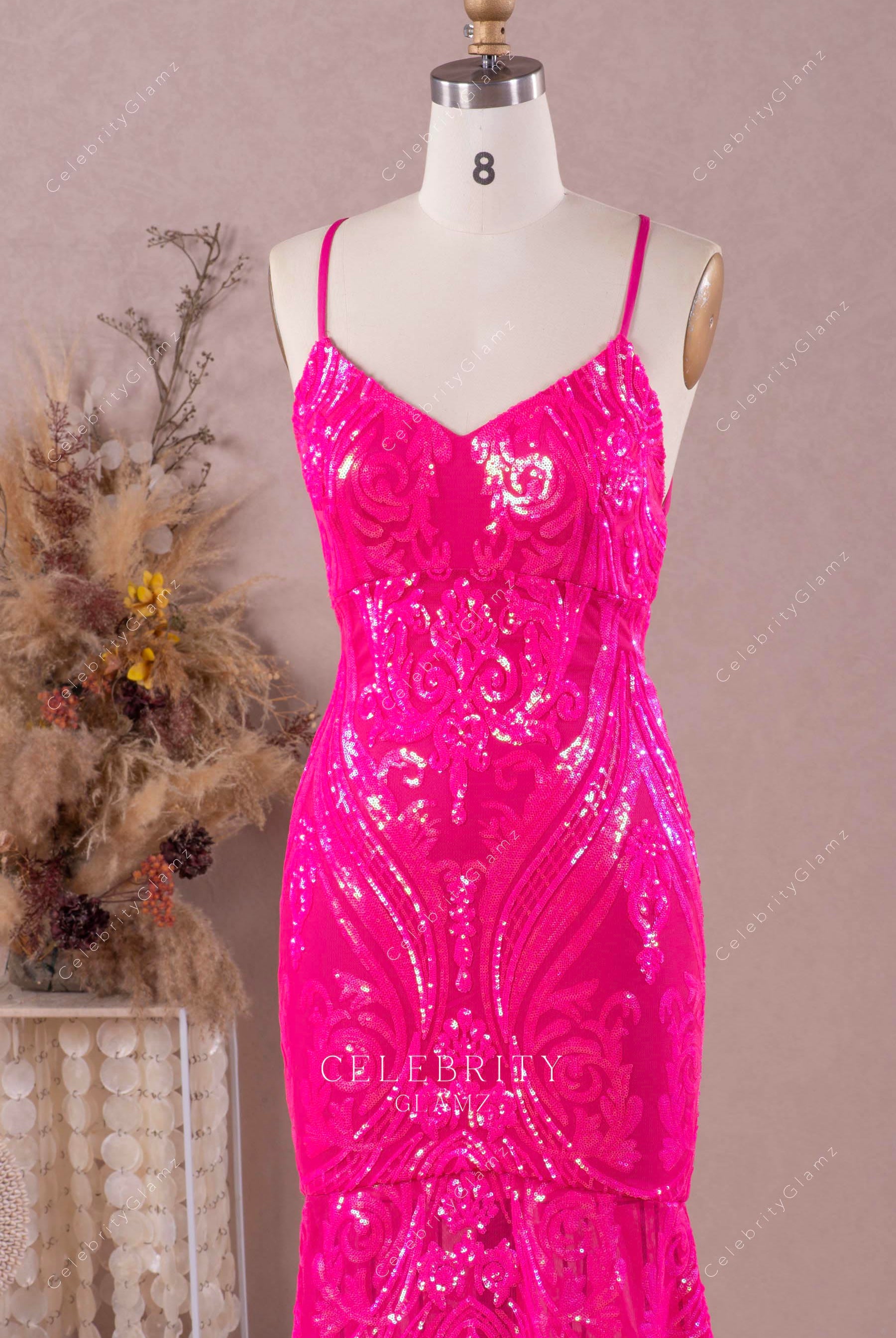 thin straps v neck sequin prom dress