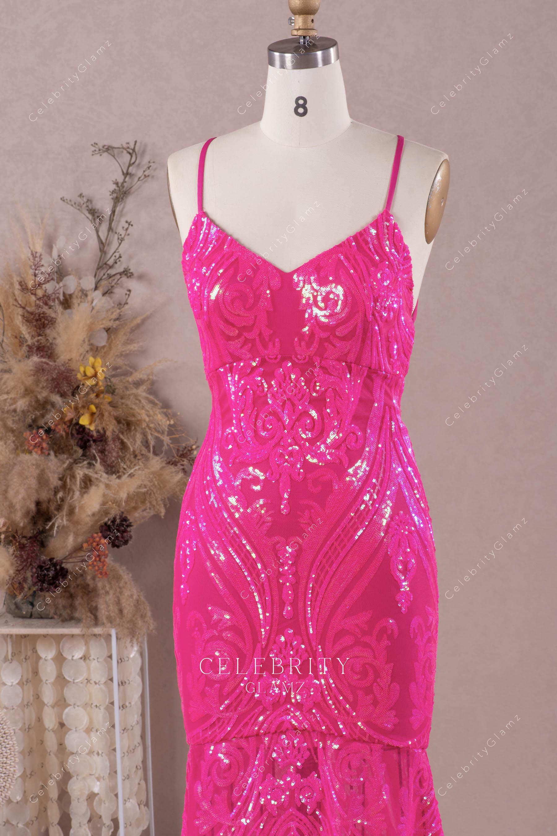 thin straps v neck sequin prom dress