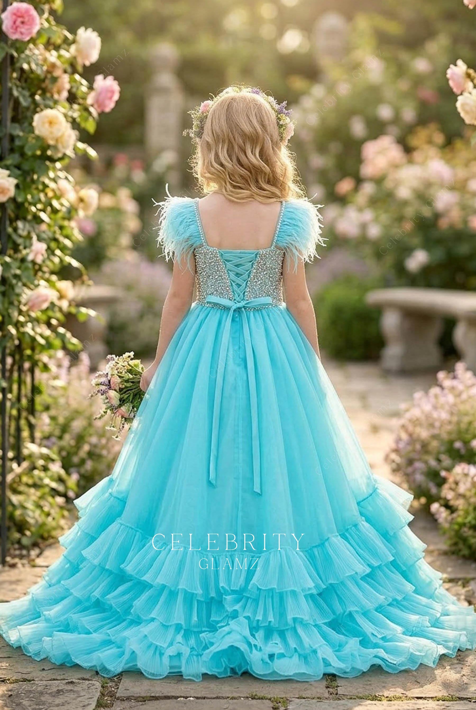 turquoise feather shoulder pageant gown