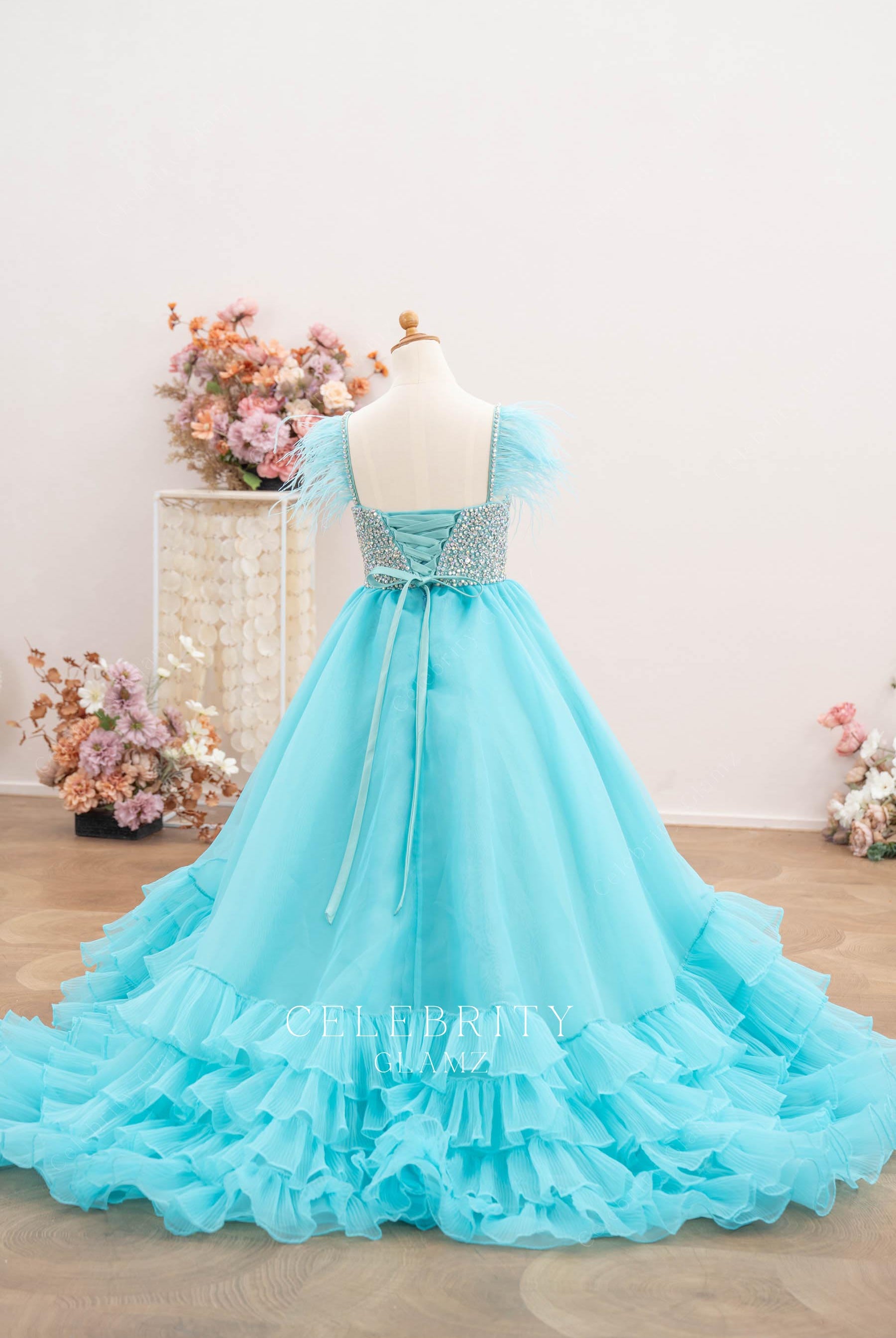 turquoise tiered organza a line pageant dress