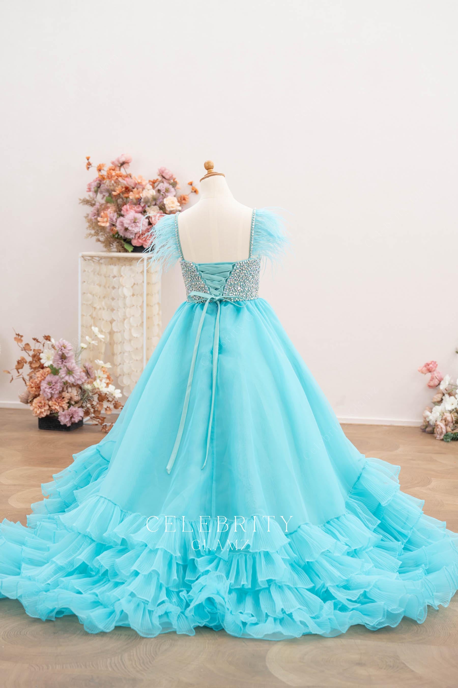 turquoise tiered organza a line pageant dress