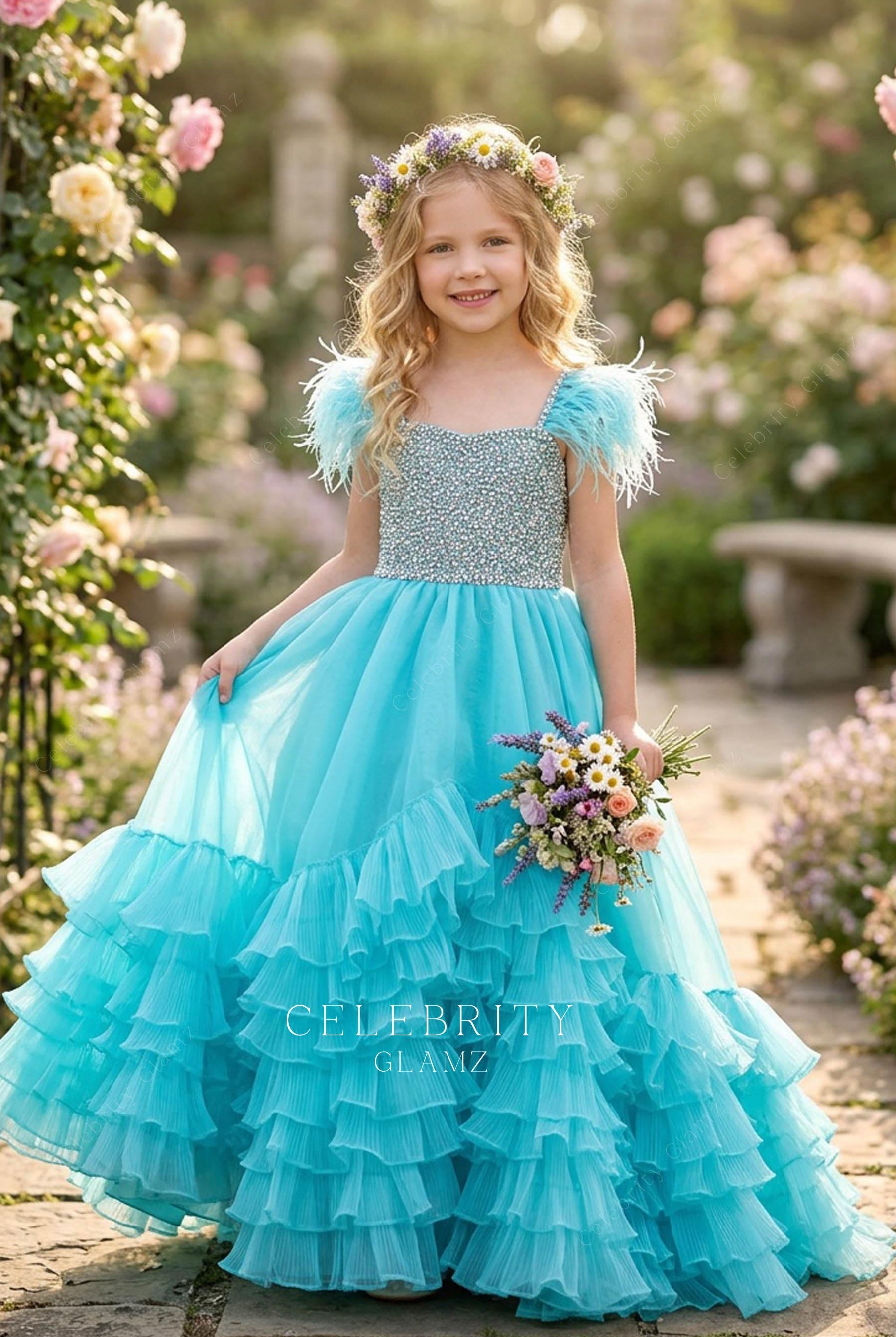 turquoise tiered organza pageant gown