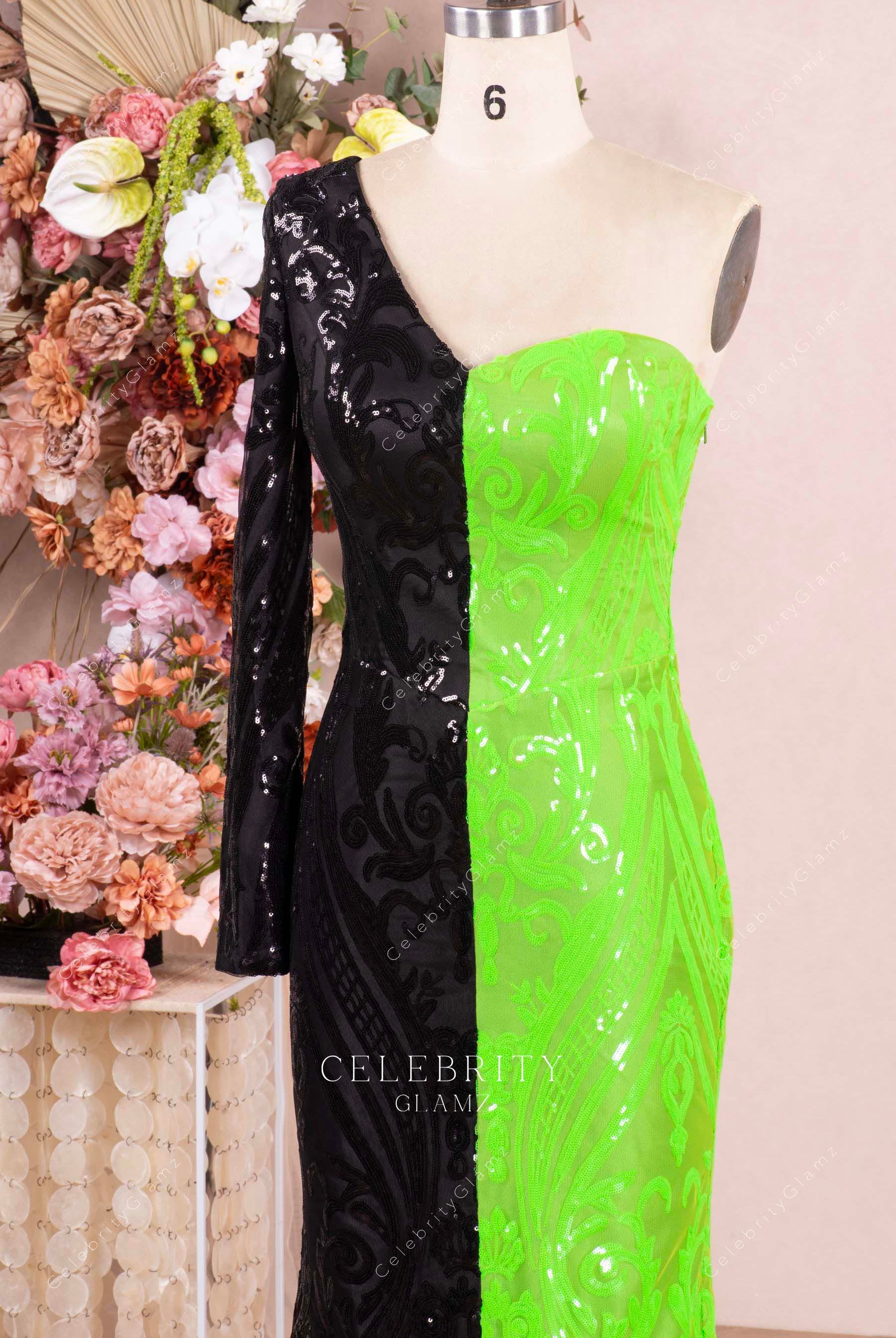 two tone asymmetrical neckline prom dress