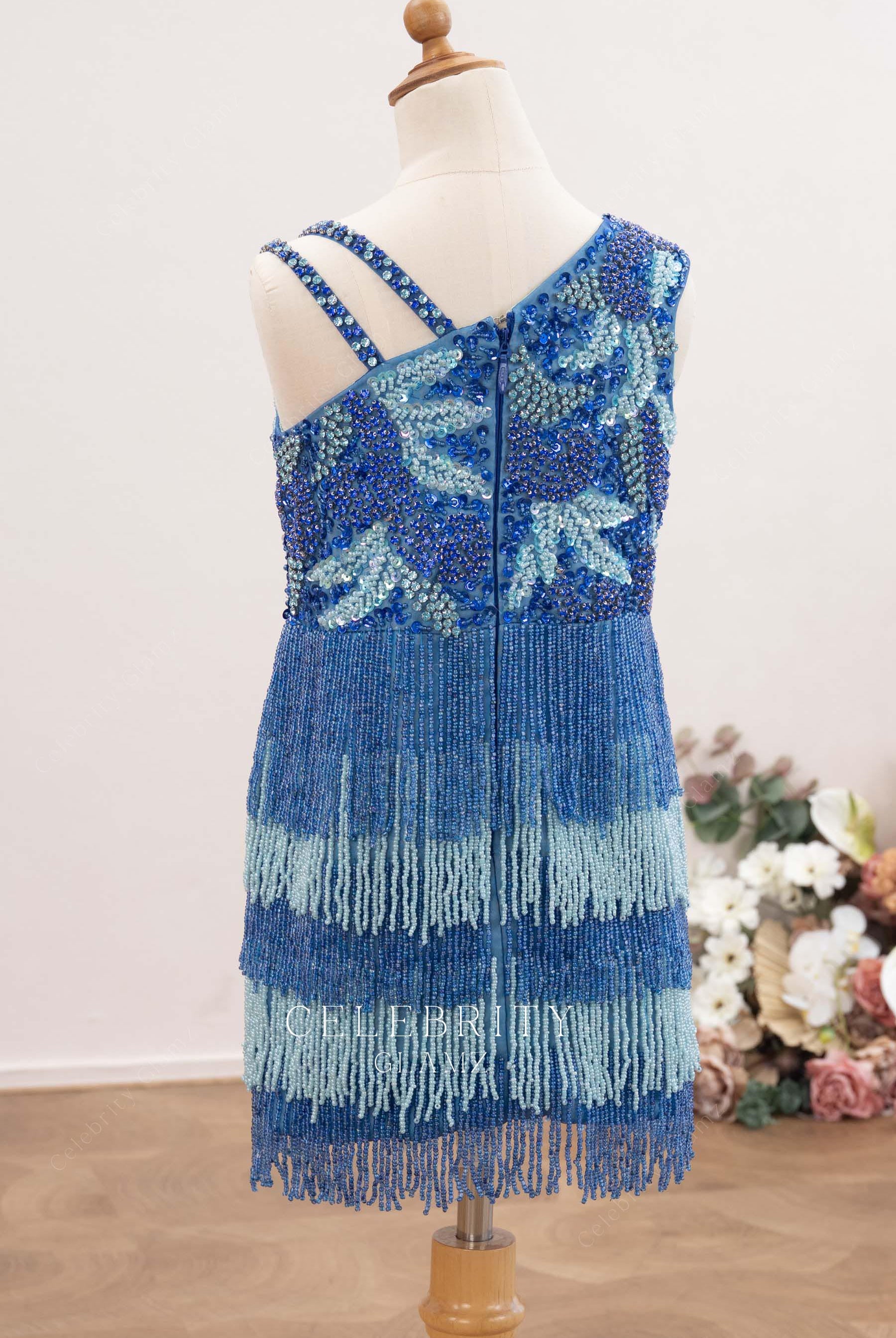 two tone beaded tassel short kids dress