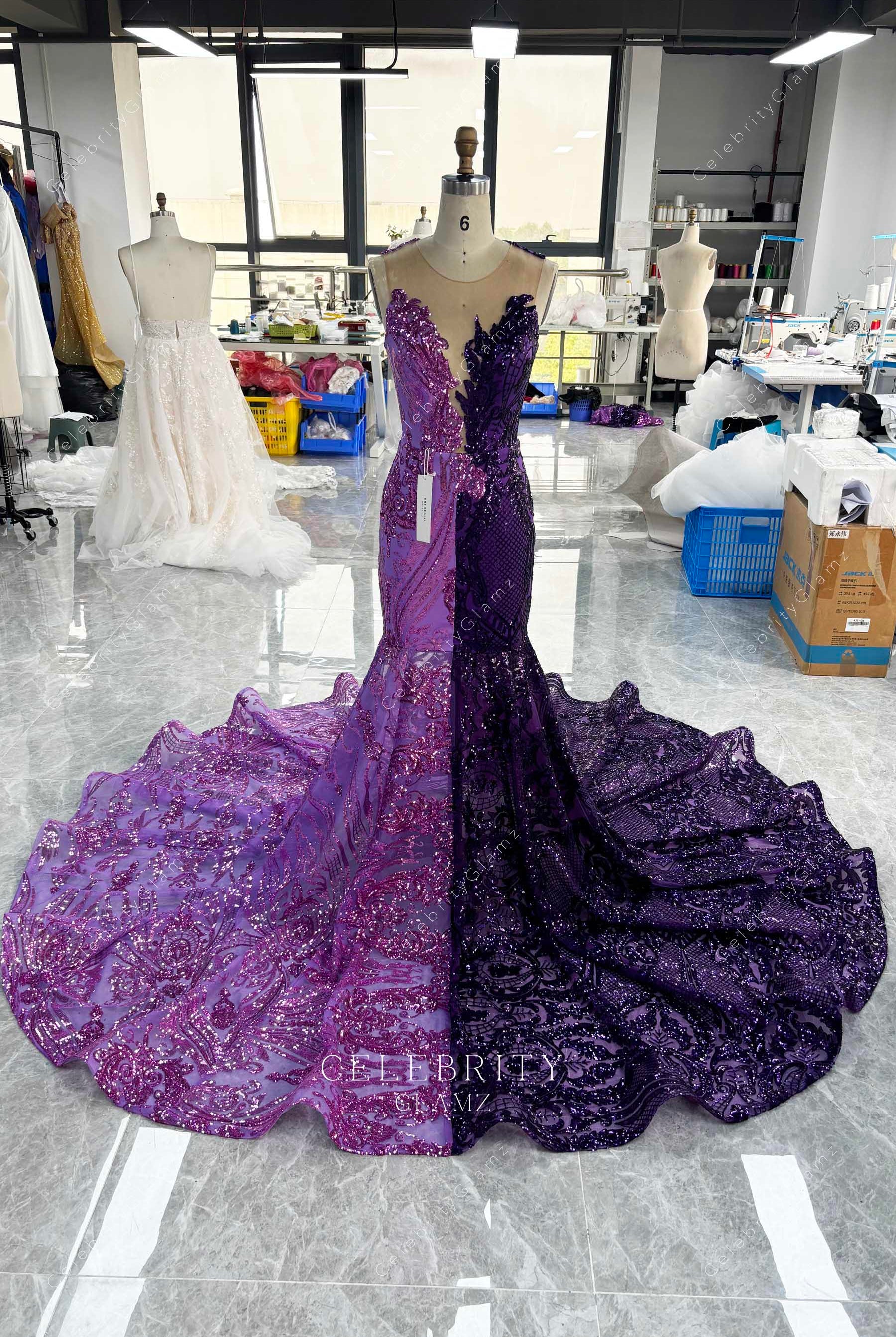 two tone illusion neck trumpet prom dress