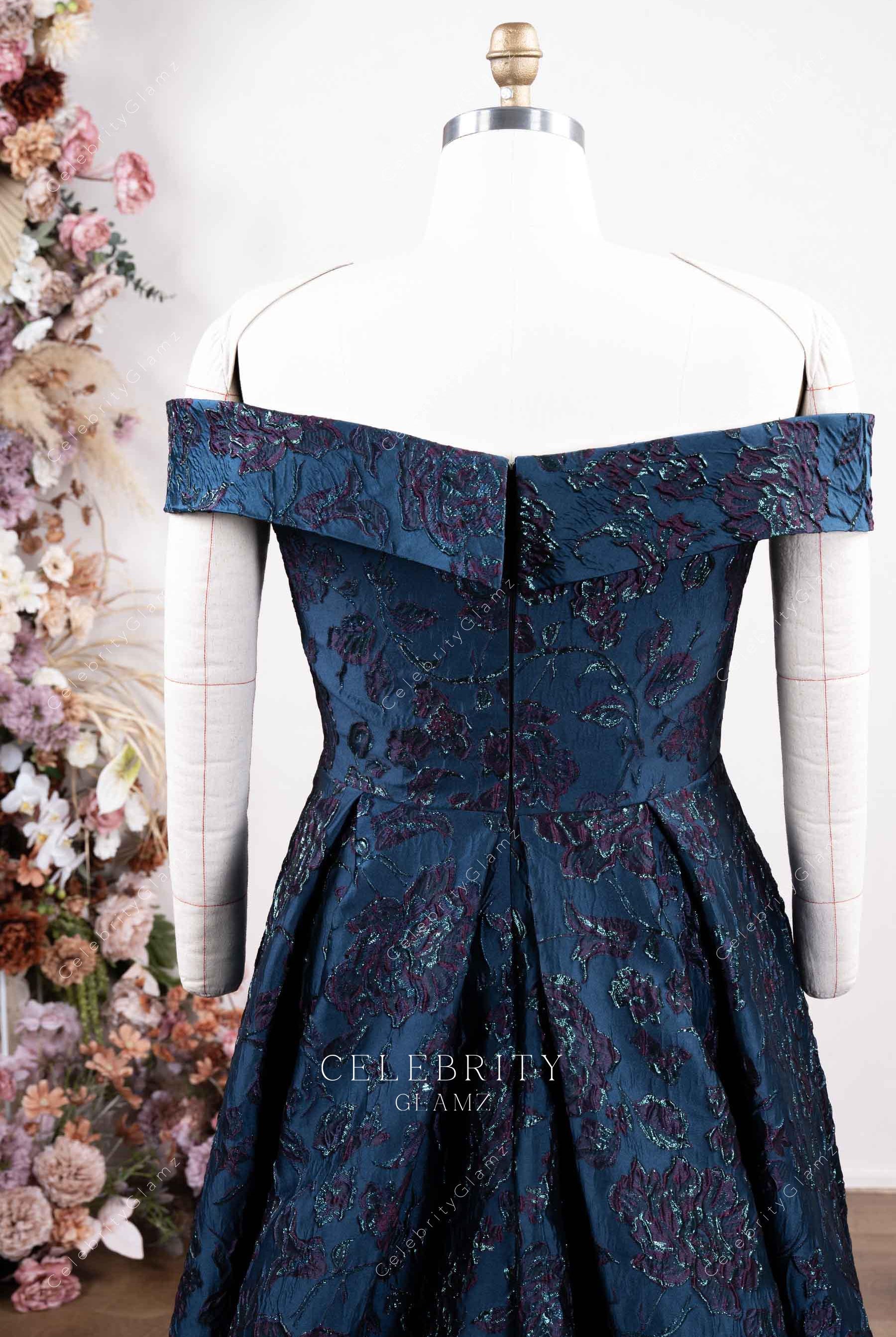 two tone jacquard shoulder prom dress