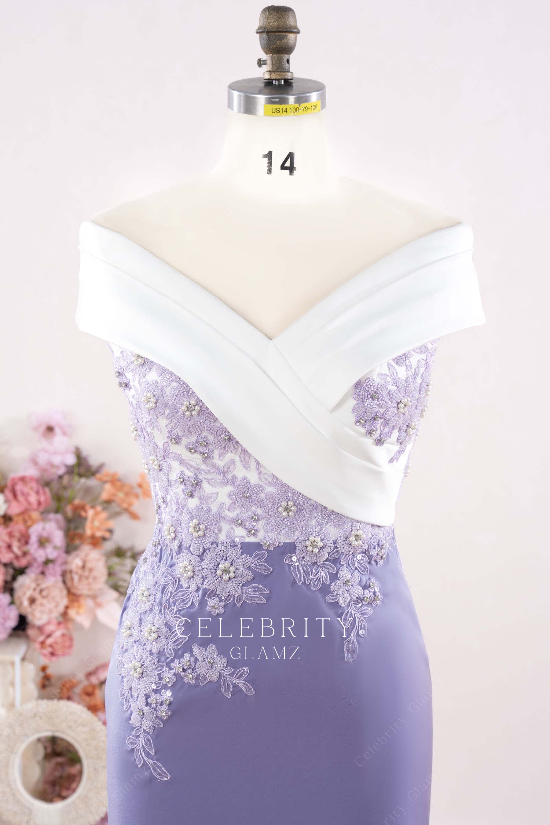 two tone off shoulder mother of bride dress